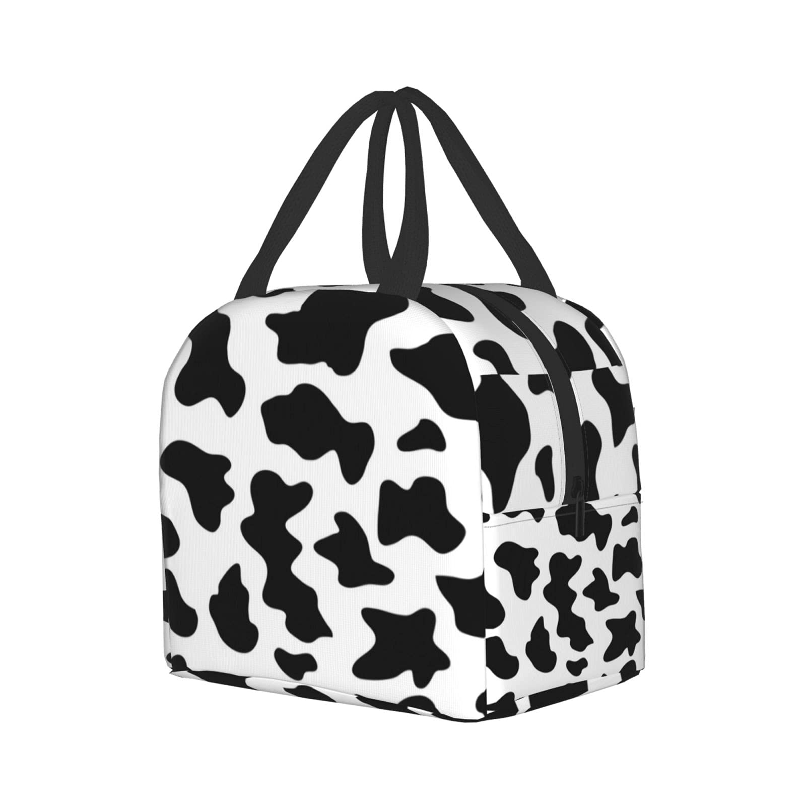Insulated Reusable Lunch Bag for Women & Men - Cooler Lunch Tote with Front Pocket for Office, Work, Picnic & Travel - Stylish Black Cow Print Design