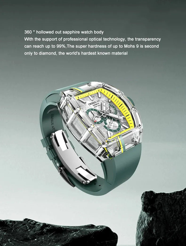 CRONUSART Men's Chronograph Watch - Tonneau Sapphire Crystal Case, Automatic Mechanical Wristwatch with Luminous Hands, Fluororubber Strap & Meteorite Dial | Perfect for Business, Formal Events & Outdoor Adventures