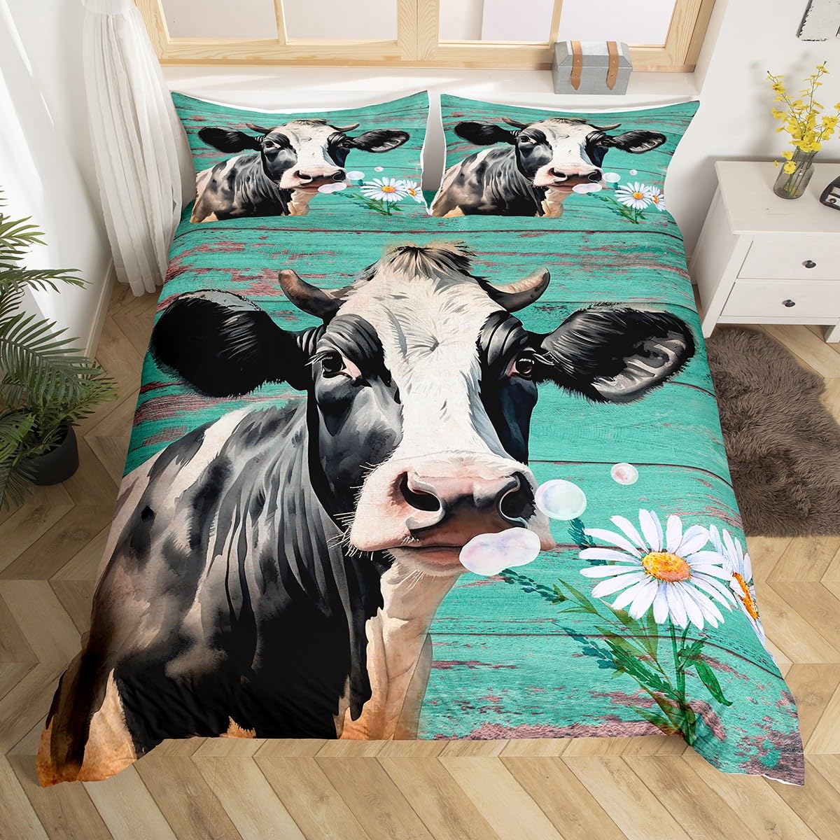 Highland Cattle Comforter Cover Set - Cow Print Duvet Cover Twin Size, Blue Daisy Floral Farmhouse Bedding with Western Cowboy Theme, 2-Piece Teal Decor | Perfect for Rustic Bedroom, Farmhouse Style Home & Western Themed Guest Room
