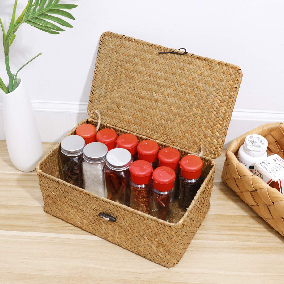 Decorative Small Wicker Baskets with Lid - Rectangular Seagrass Storage Bin for Home, Bathroom & Shelf Organization | Perfect for Bathroom Essentials, Living Room Decor & Closet Storage
