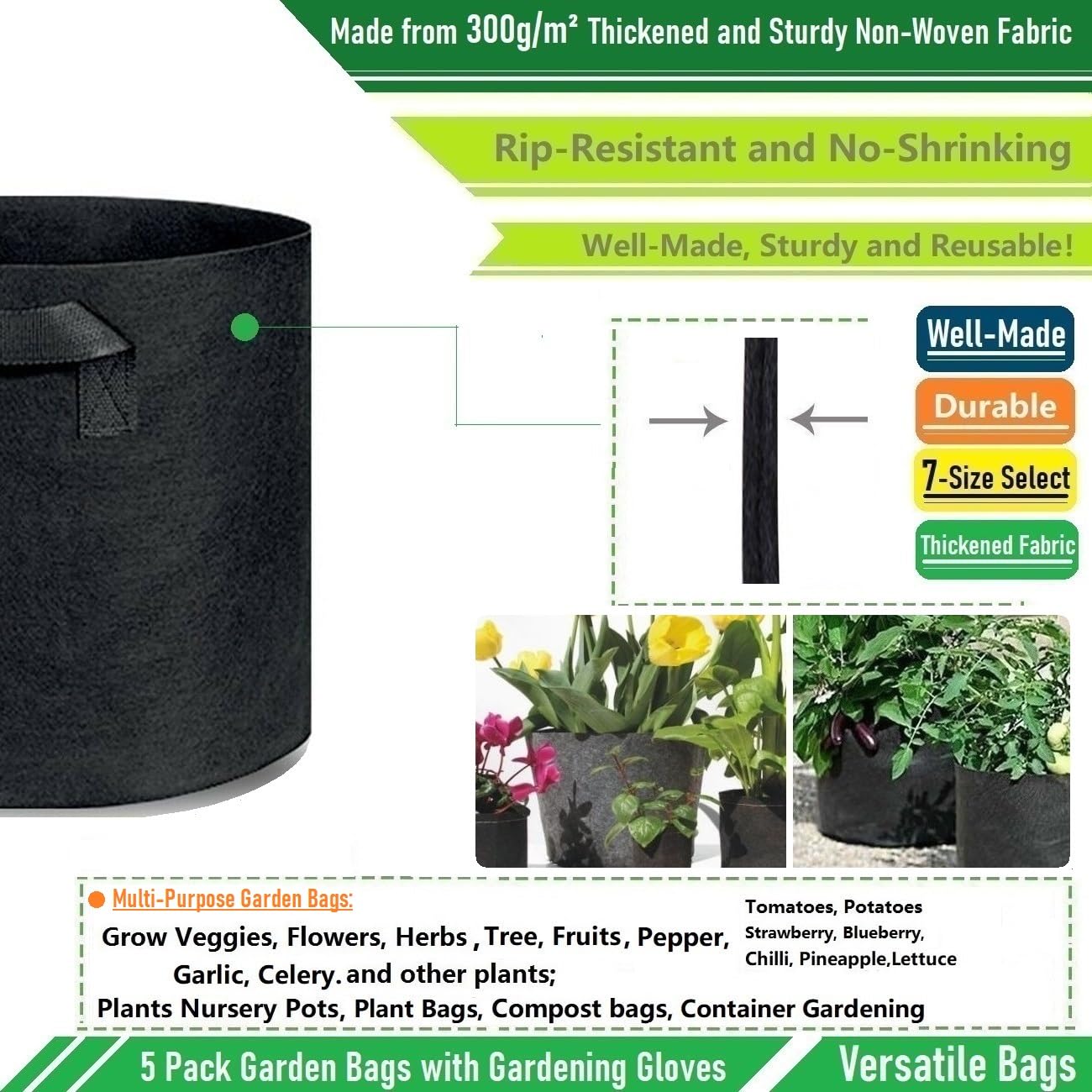 5-Pack 2 Gallon Thickened Fabric Plant Grow Bags (8x8 Inch) - Durable Nursery Pots for Herbs, Vegetables, Flowers - Ideal for Indoor/Outdoor Gardening, Balcony Planting & Container Gardening with Free Garden Gloves