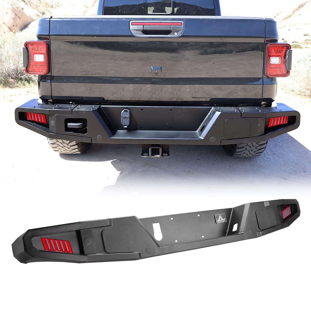 WOLFSTORM Full Width Rock Crawler Rear Bumper with 2 LED Lights & Hitch Receiver - Compatible with 2019-2021 Jeep Gladiator JT | Off-Road Adventure & Truck Protection
