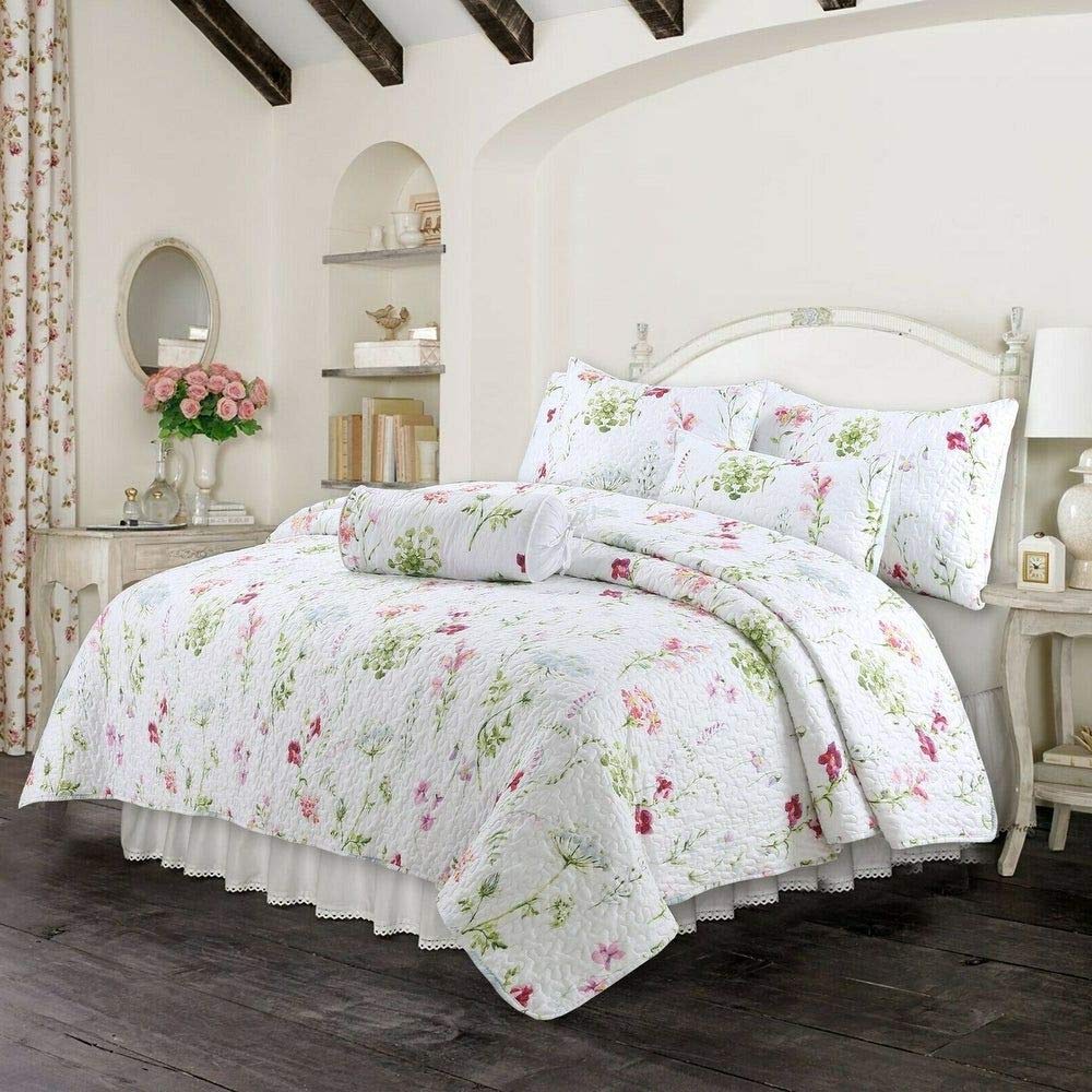 3 Piece Lightweight Floral Quilt Set - Reversible Farmhouse Bedding with Botanical Leaf Pattern, All Season King Size (White/Green) for Cozy Bedroom Decor | Perfect for Guest Rooms, Master Bedrooms & Vacation Homes