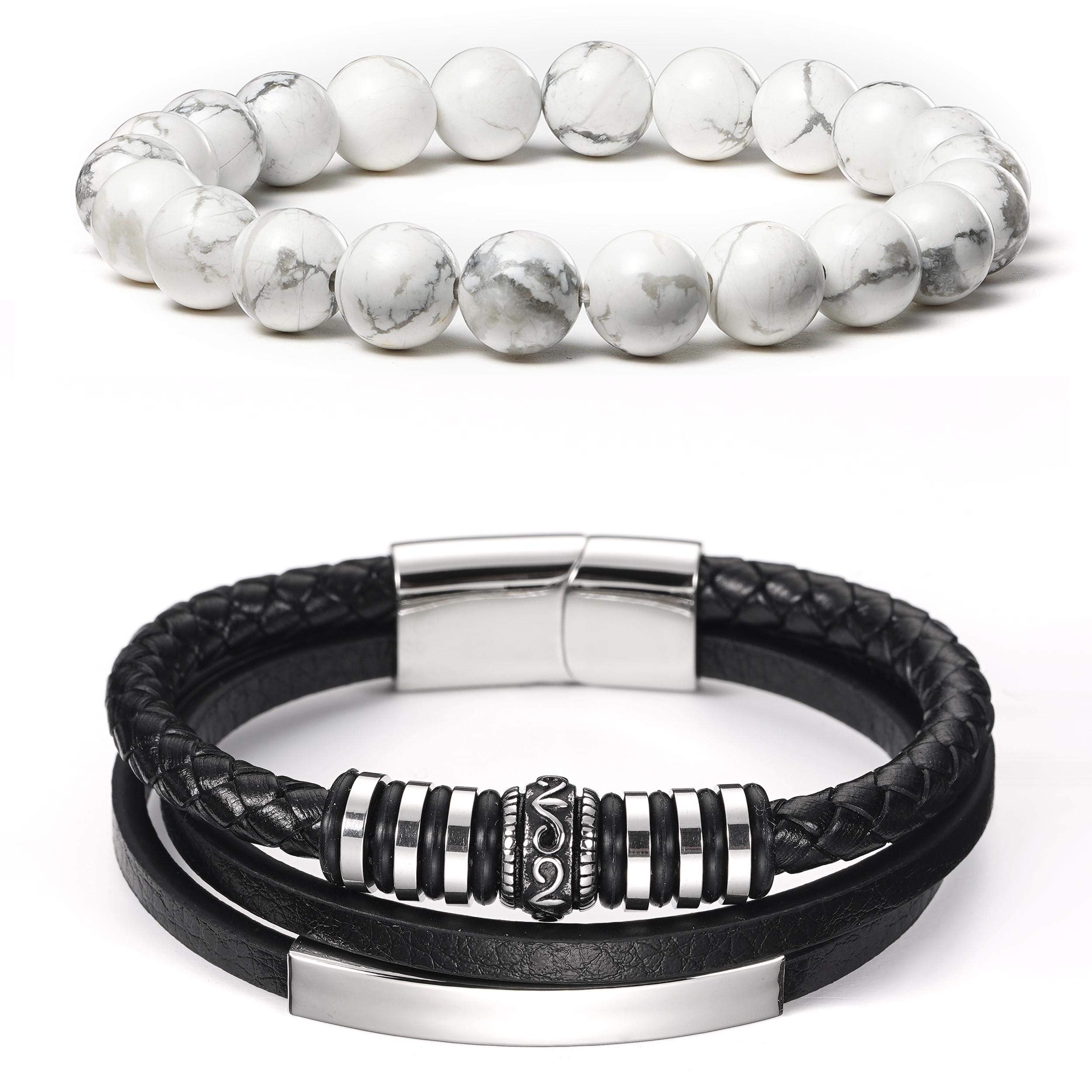 BINLUN 2Pcs Men's Black Braided Leather Bracelet with Magnetic Clasp - White Turquoise Healing Beads, Woven Leather Bracelets Set for Gifts, Casual Wear & Spiritual Healing
