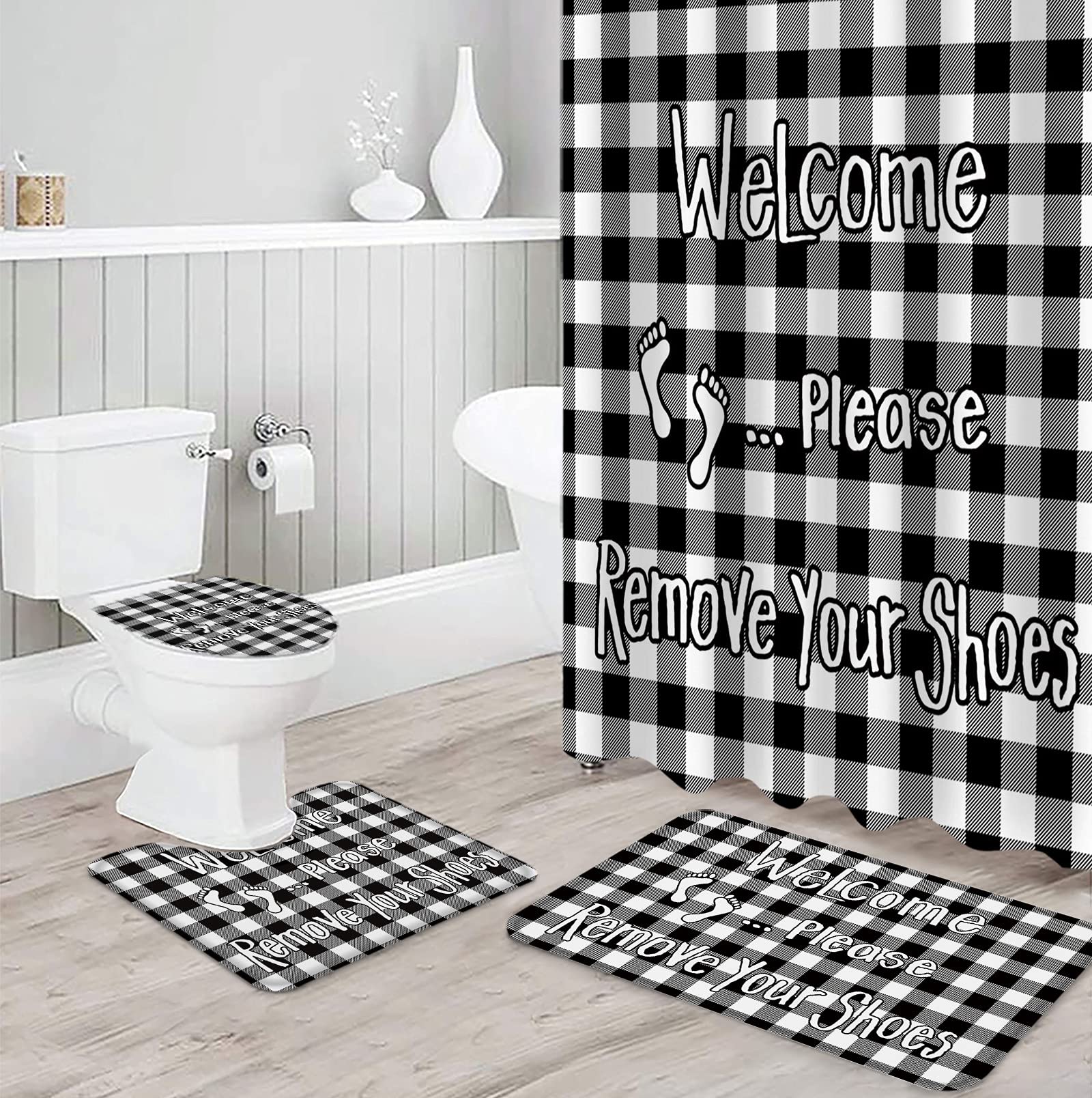 4-Piece Bathroom Set - Non-Slip Shower Curtain, Plaid Doormat, Toilet Seat Cover & Bath Mat | Black & White Checkered Decor | Perfect for Modern Bathrooms, Guest Baths & Apartment Living