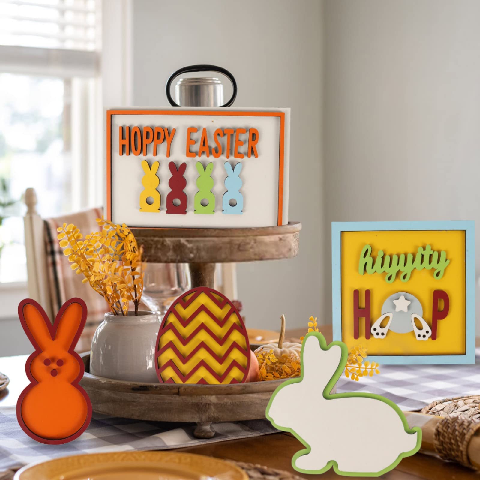 Easter Tiered Tray Decor Set - Rustic Farmhouse Wooden Signs with Carrot Bunny Egg Design for Home, Office, Wedding & Party Table Decorations | Perfect for Spring Celebrations, Holiday Displays and Farmhouse Style Home Decor