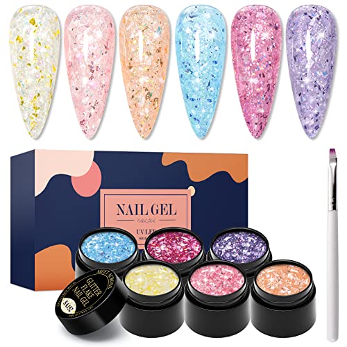 MEET ACROSS Aurora Glitter Gel Nail Polish Kit - 6 Colors (Nude Pink, Blue, Purple, Gold) for UV/LED Curing, Soak Off, DIY Manicure & Nail Salon | Sparkly Shiny Nail Art for Parties, Weddings & Special Occasions