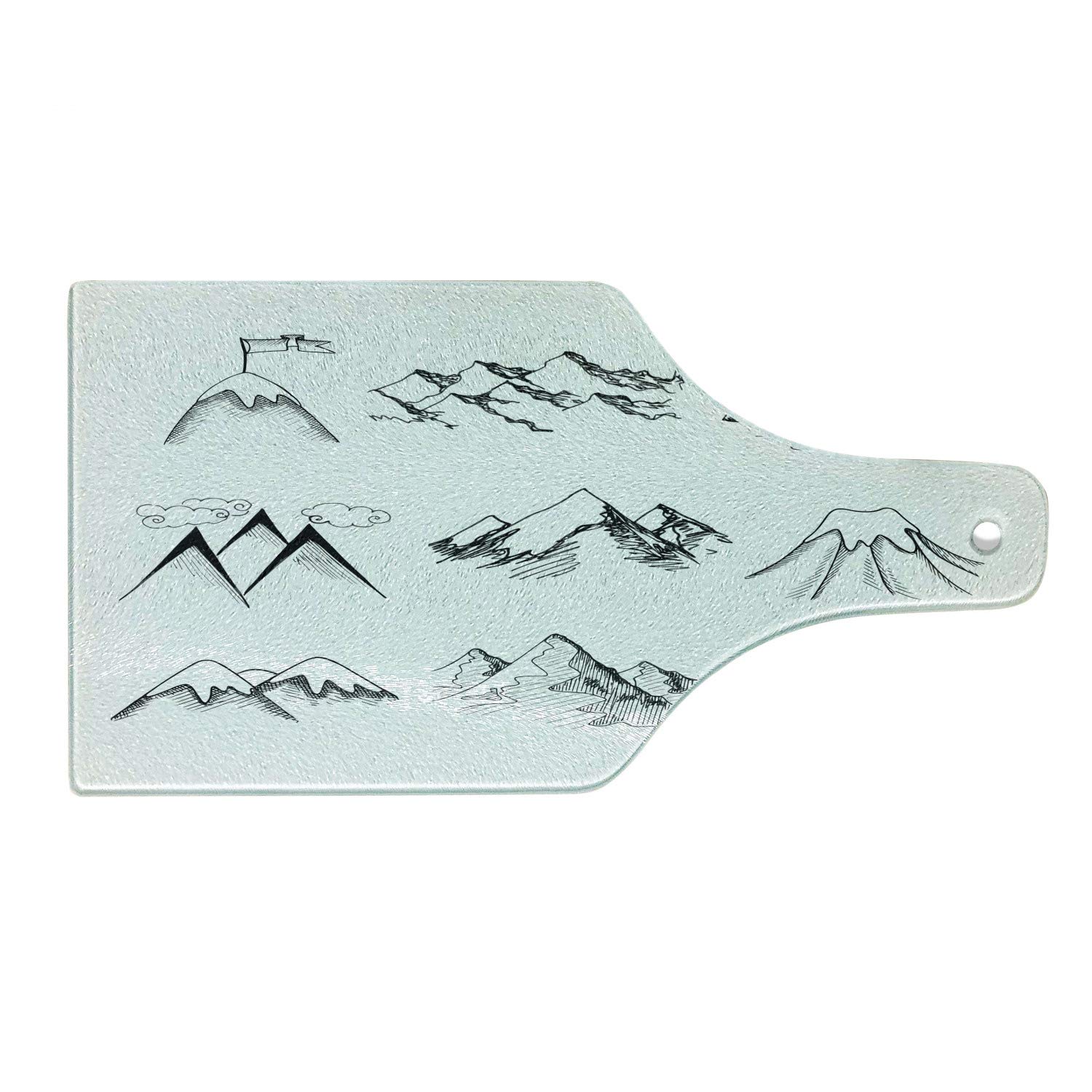 Ambesonne Mountain Themed Cutting Board – Winter Snowy Peaks Hand-Drawn Design, Durable Tempered Glass Serving Board for Kitchen & Dining – Wine Bottle Shape in Black & White – Perfect for Cheese Platters, Charcuterie & Wine Pairing Parties