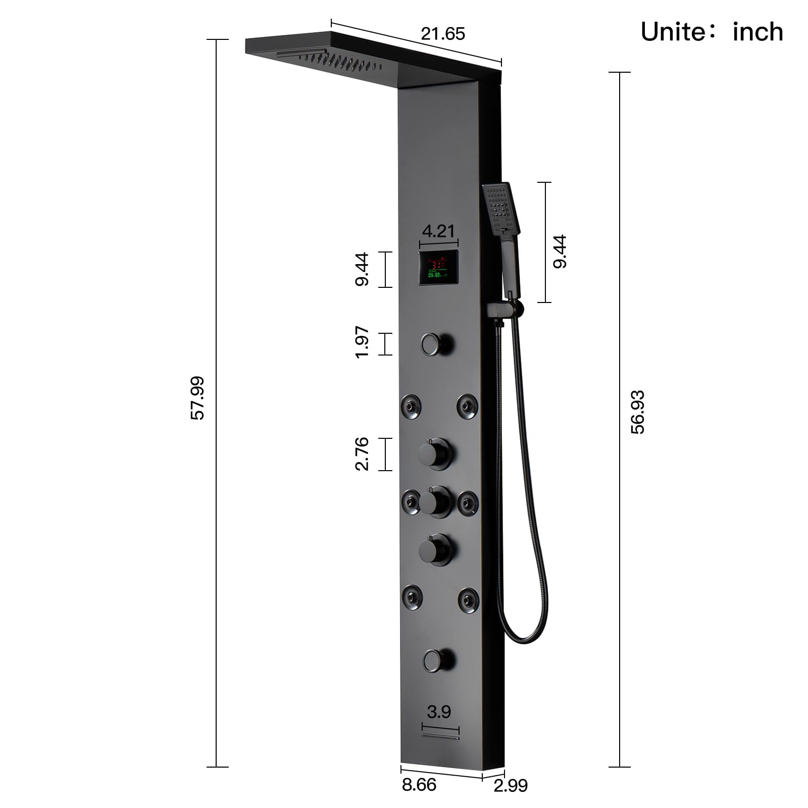 Black LED Shower Panel with Temperature Display - 304 Stainless Steel Shower Tower System, Rainfall Shower Head & Handheld Massage Jets for Modern Bathroom | Perfect for Spa-Like Experience, Wall Mount Waterfall Design for Bathtub or Standing Shower