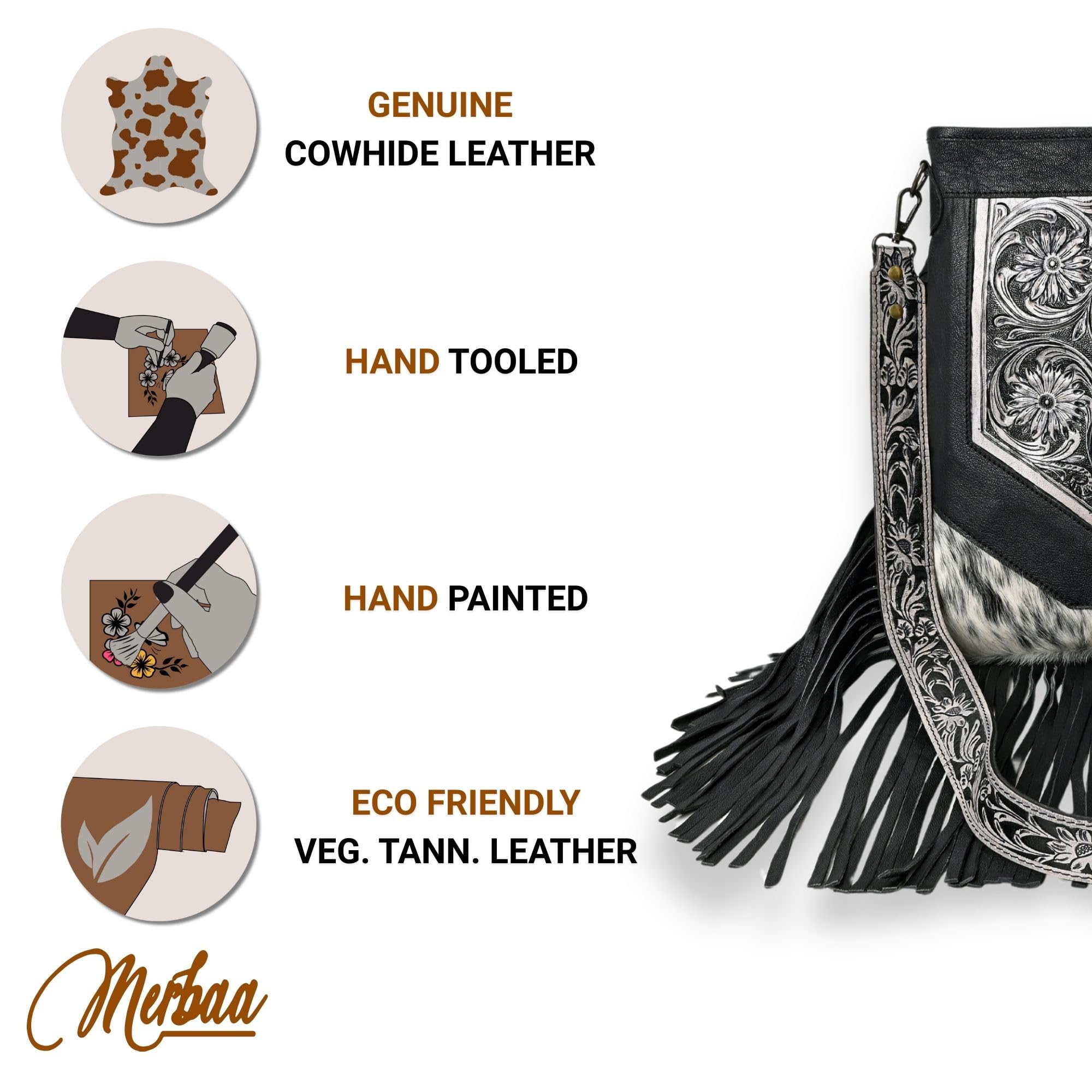 Handmade Berlin Fringed Shoulder Bag - Genuine Natural Cowhide Leather with Floral Hand Tooling Design - Perfect for Boho Fashion, Music Festivals & Everyday Use
