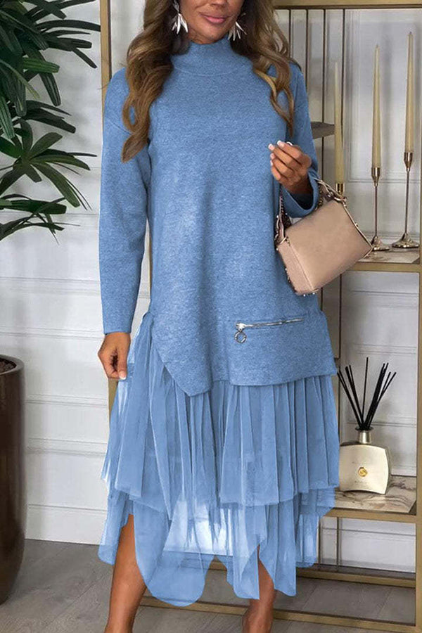 Taylor Knit Turtleneck Zip-Up Top & Elastic Waist Tulle Loose Midi Skirt Set - Women's Casual Winter Outfit for Office, Date Night & Holiday Parties