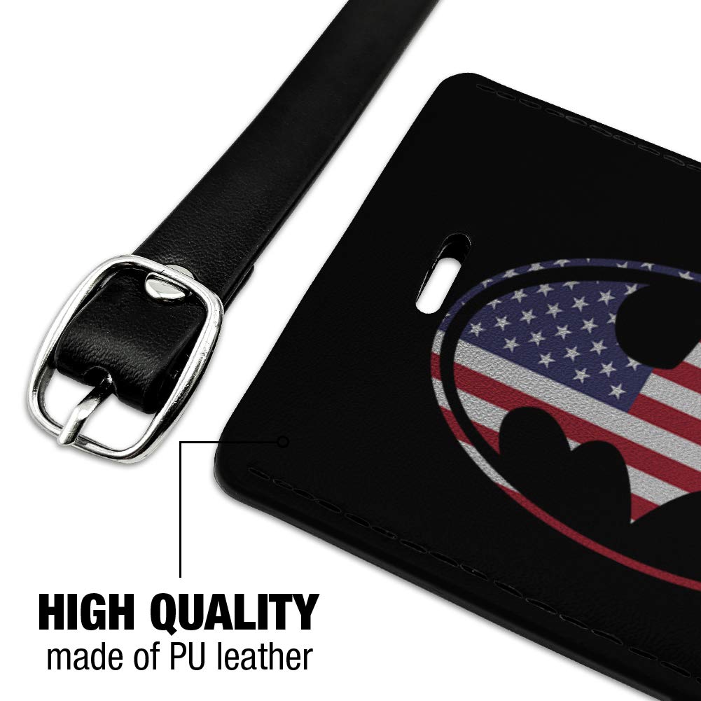 Batman USA American Flag Shield Logo Rectangle Leather Luggage Tag - Durable ID Card Holder for Travel Bags, Suitcases & Backpacks - Perfect for Superhero Fans & Patriotic Travelers