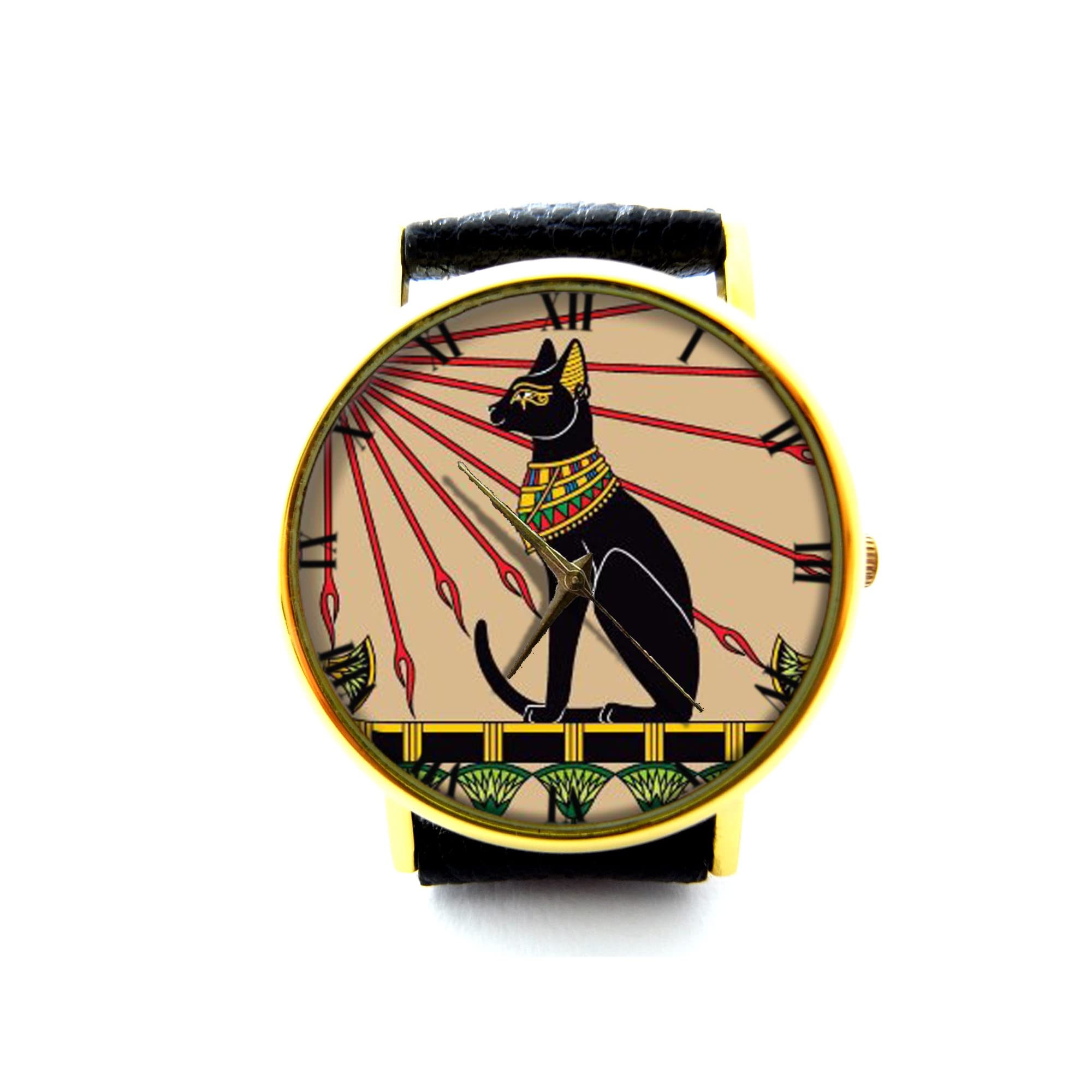 Egyptian Cat Leather Watch - Handcrafted Ancient Art Timepiece for Men & Women | Unisex Vintage Jewelry Watch | Perfect for Gifts, Costume Parties & Historical Enthusiasts