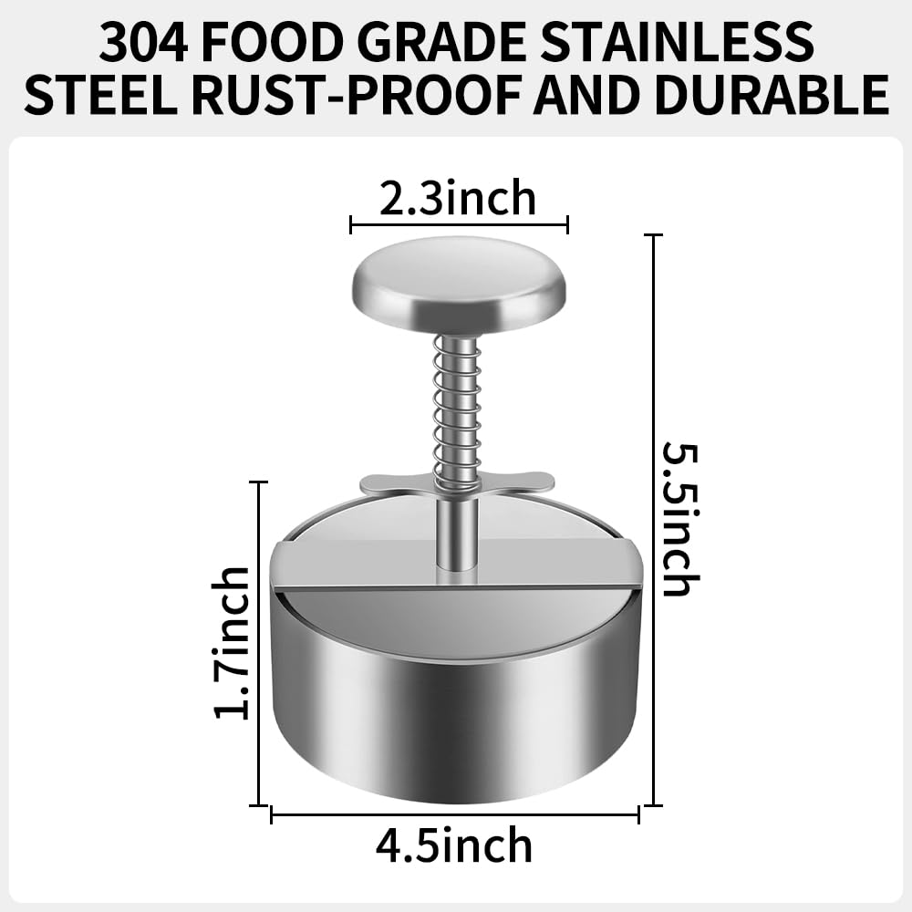 Stainless Steel Hamburger Patty Maker - Adjustable Non-Stick Round Burger Press (1.7