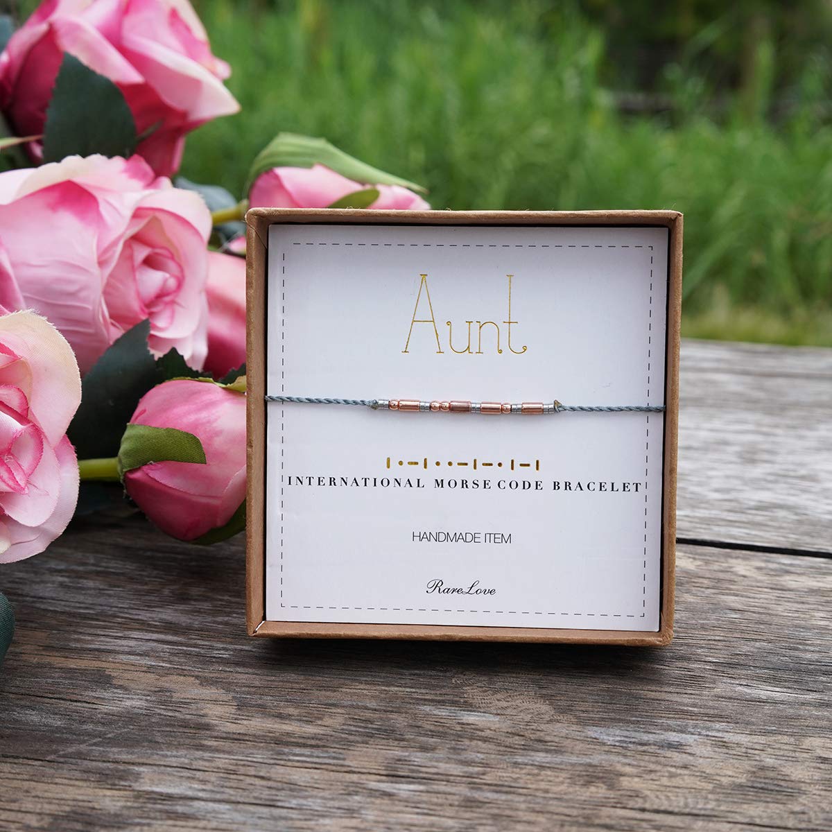 RareLove Morse Code Bracelet for Aunt - Rose Gold Beaded Grey String Bracelet, Best Christmas Gift for Women - Perfect for Birthdays, Anniversaries & Special Occasions