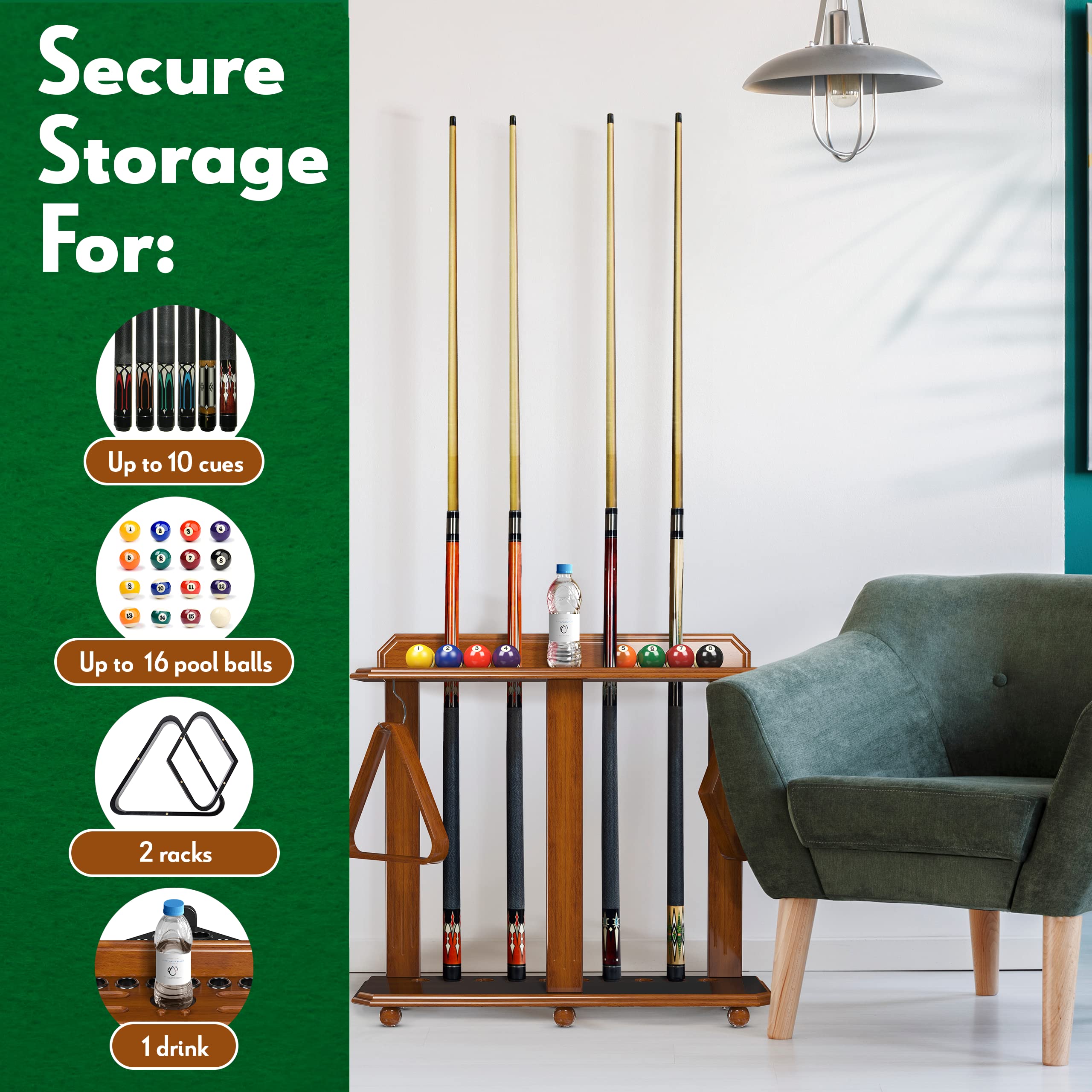 Premium Wooden Pool Cue Rack - Holds 10 Billiard Sticks & Full Ball Set - Durable Floor Standing Billiards Accessory (Black) - Perfect for Game Rooms, Bars, and Home Pool Tables