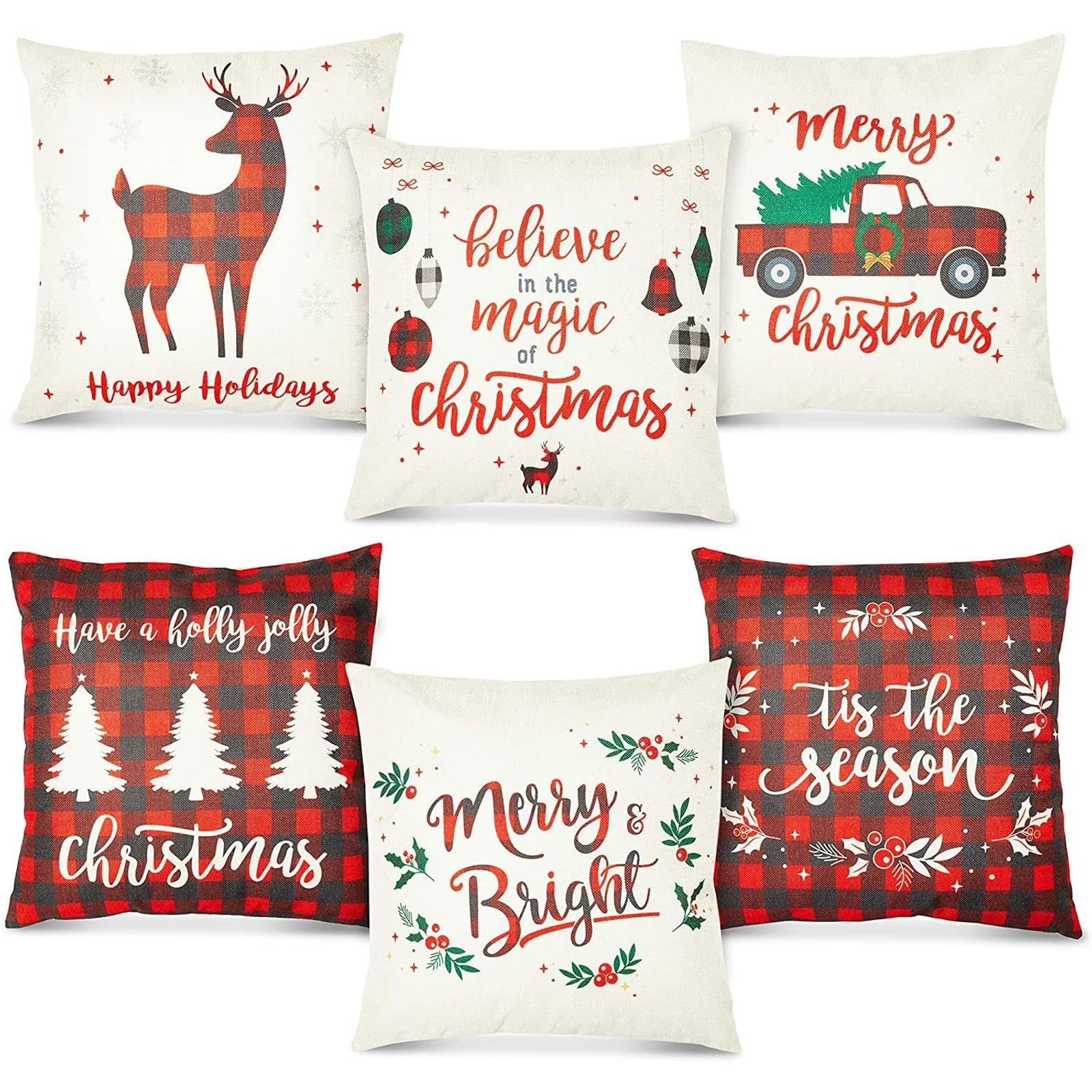 Farmlyn Creek Set of 6 Christmas Throw Pillow Covers 18x18 Inches - Holiday Home Decor for Sofa, Bed & Living Room - Xmas Decorative Cushion Covers Perfect for Festive Season & Winter Decor