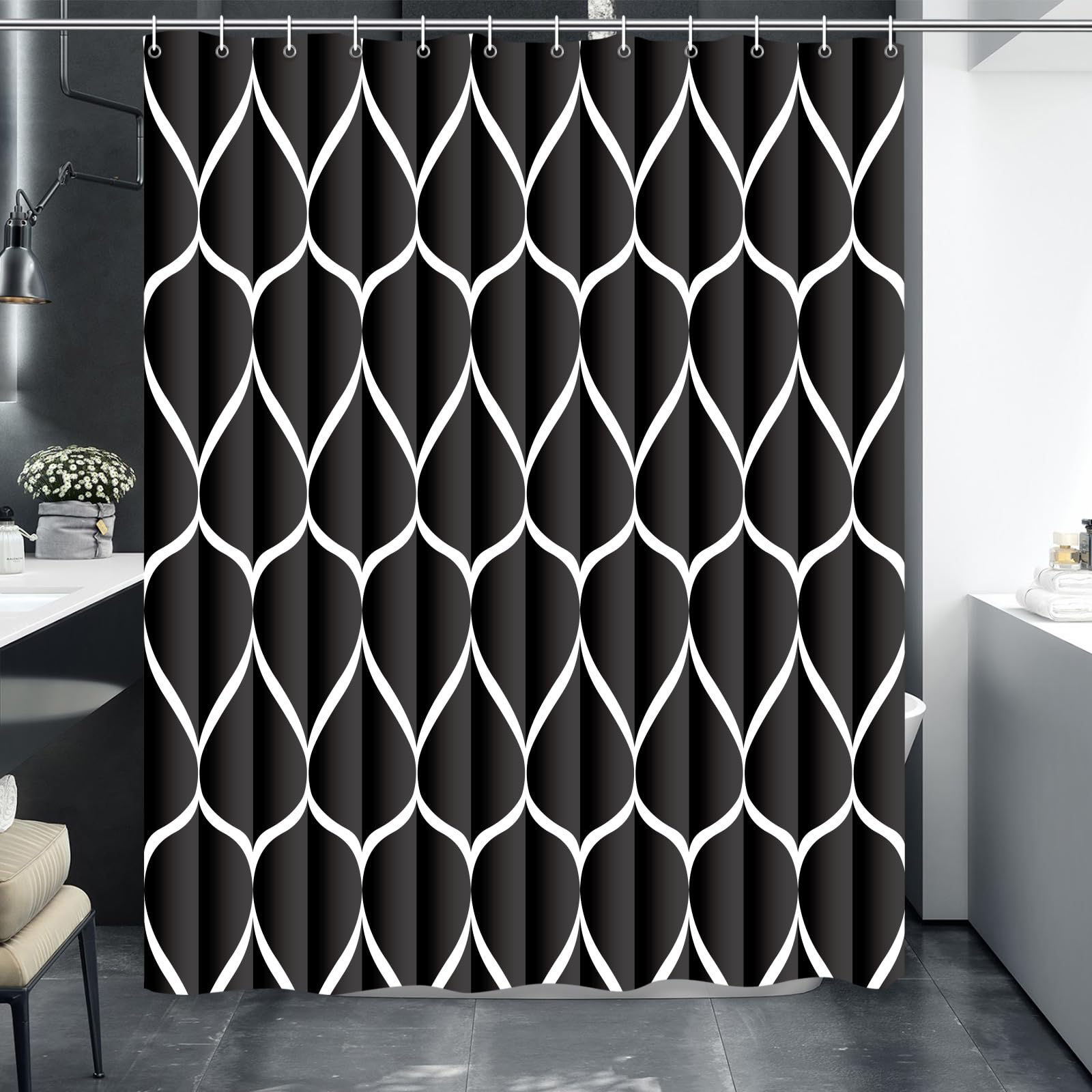 Gelbchu Black 72 x 72 Inch Waterproof Polyester Shower Curtain - Quick Dry Heavy Duty Bathroom Shower Liner with 12 Plastic Hooks, Machine Washable - Perfect for Modern Bathrooms, Guest Baths & Spa-Like Showers