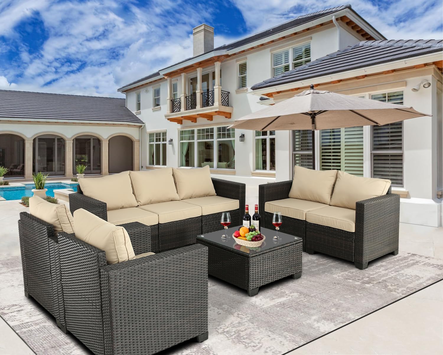 Outdoor Patio Furniture Set 8-Piece Rattan Conversation Set with Table - Brown Beige Wicker Chairs for Backyard, Garden, Balcony, Porch & Poolside - Perfect for Relaxing, Entertaining & Outdoor Dining