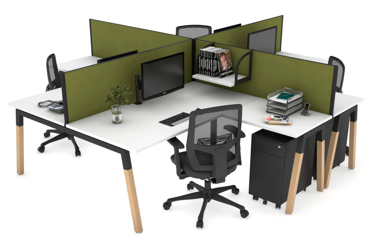 Quadro Wood A Legs Cross Beam 4-Person Corner Workstation Desk - 1600L x 1800W with Cable Management Scallop - Perfect for Office, Home Workspace & Collaborative Environments