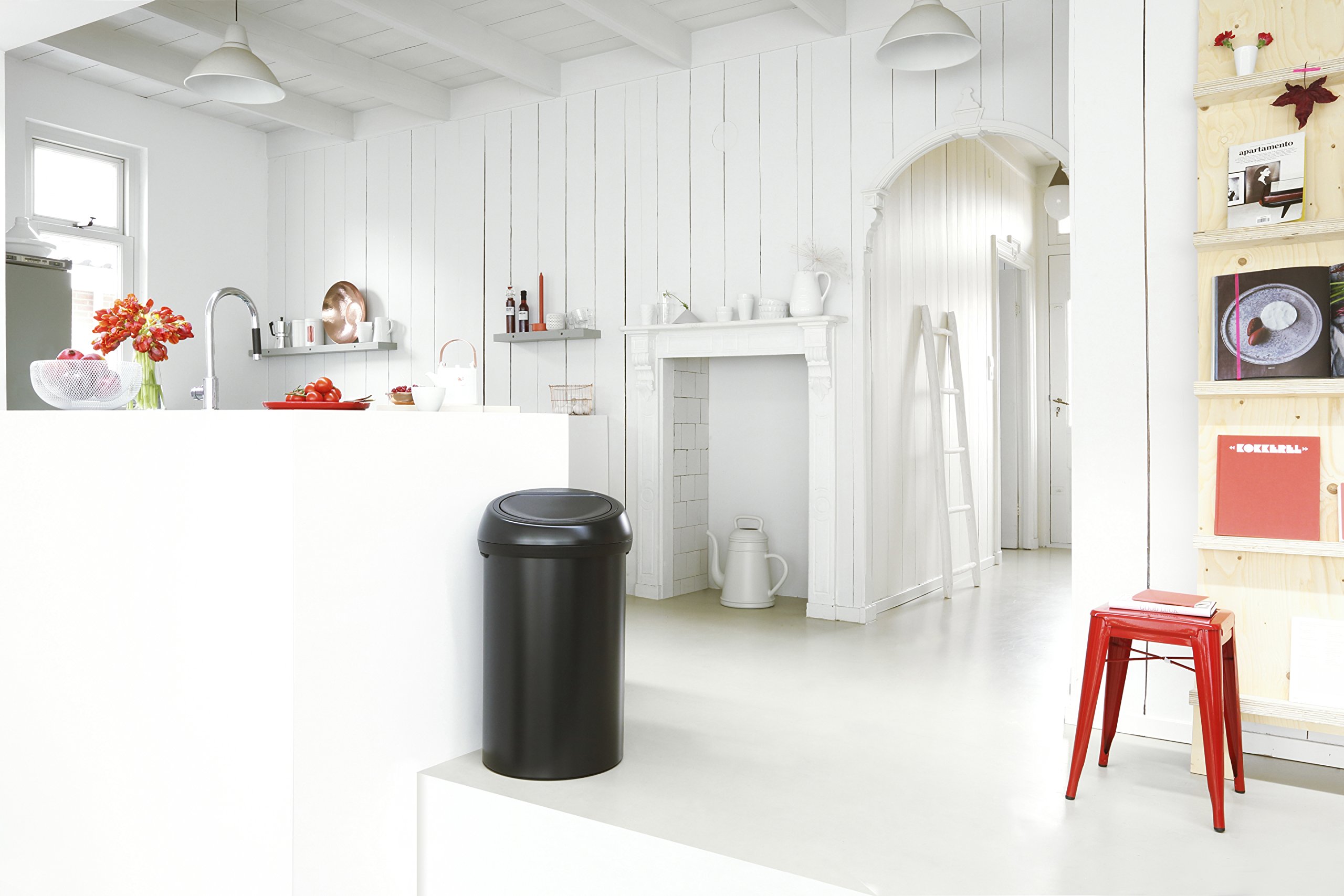 Brabantia 16 Gallon Large Kitchen Touch Top Trash Can with Removable Lid - Soft-Touch Open Garbage Bin for Waste Disposal - Modern Matt Black Design Perfect for Home, Office, or Restaurant Use