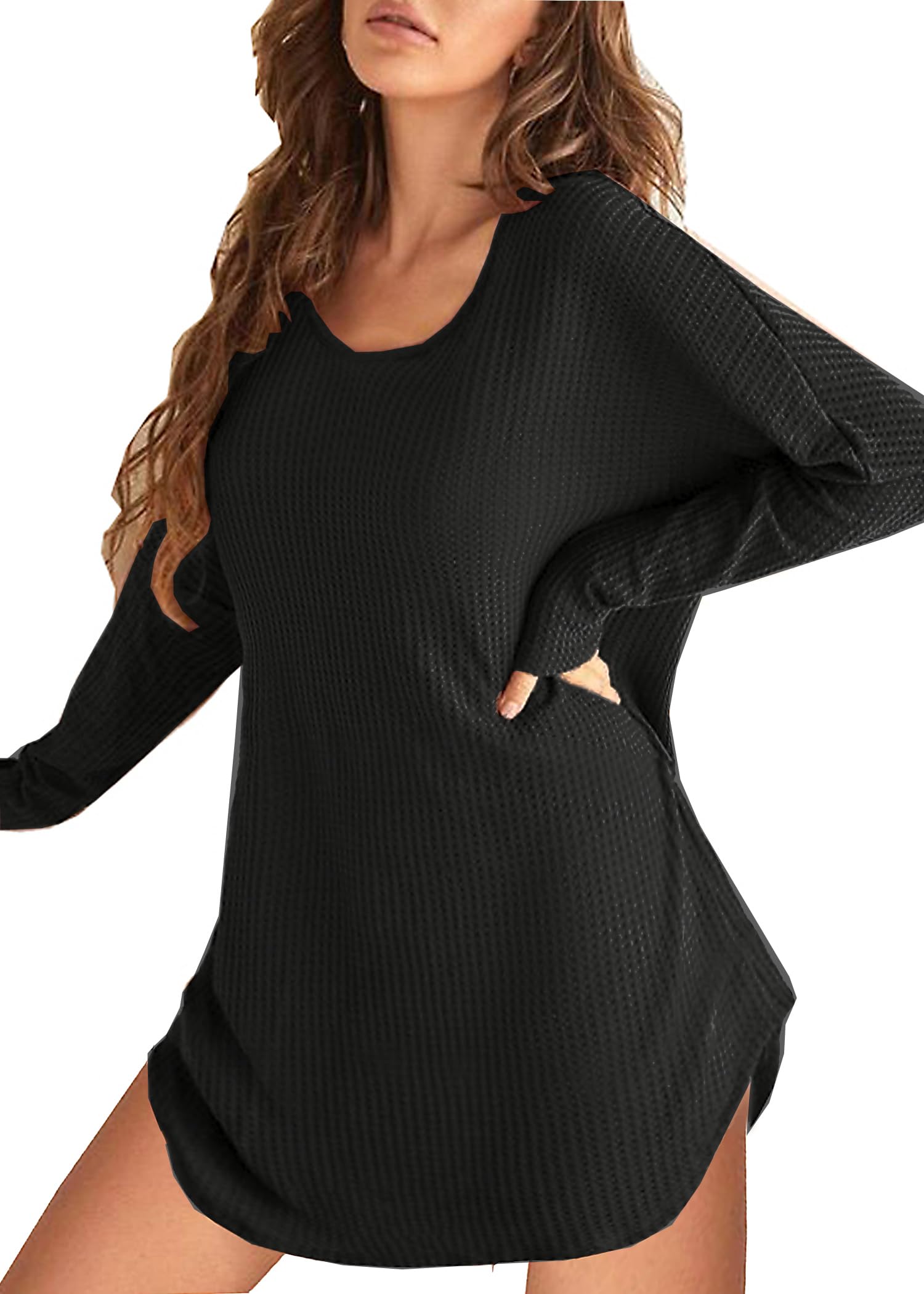 Ekouaer Women's Waffle Knit Long Sleeve Nightgown - Soft Sleep Shirt & Night Dress for Women (Sizes S-XXL) | Cozy Lounge Wear for Bedtime & Relaxing at Home