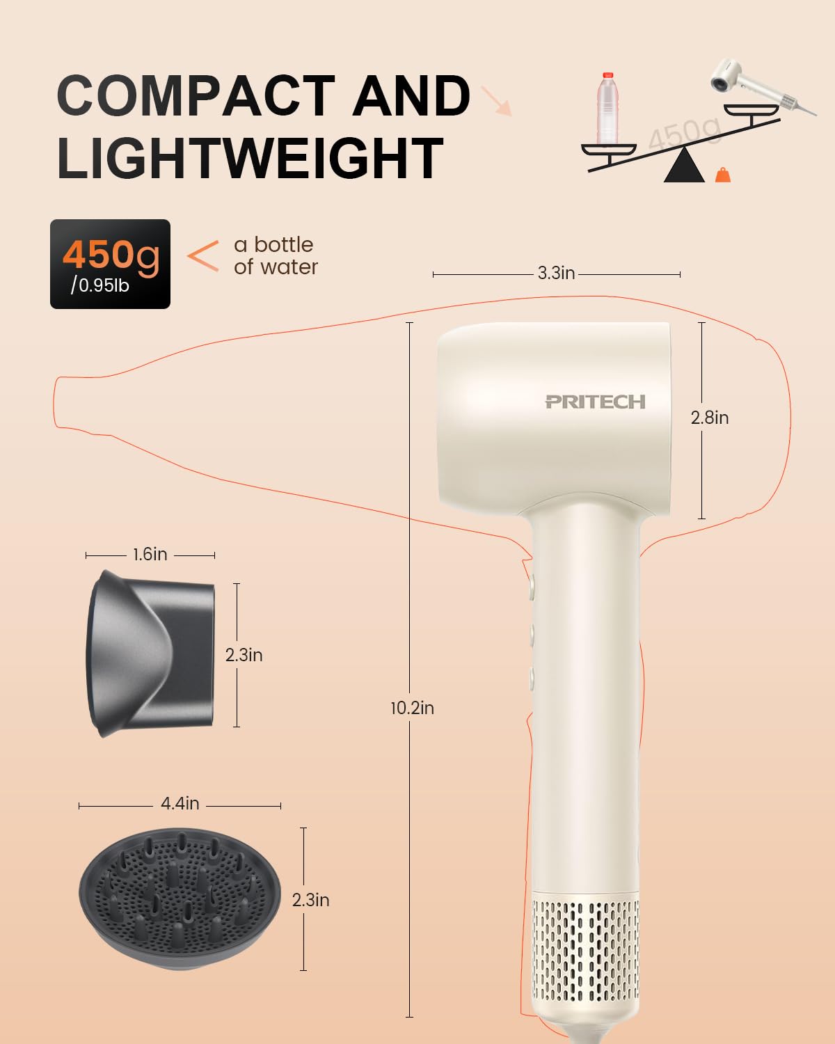 PRITECH Professional Hair Dryer with Diffuser - 1600W High-Speed 110,000 RPM Brushless Motor, Negative Ion Technology & Quiet Operation, 5 Heat & 3 Speed Settings, Includes Concentrator Nozzle - Perfect for Salon, Home & Travel Use