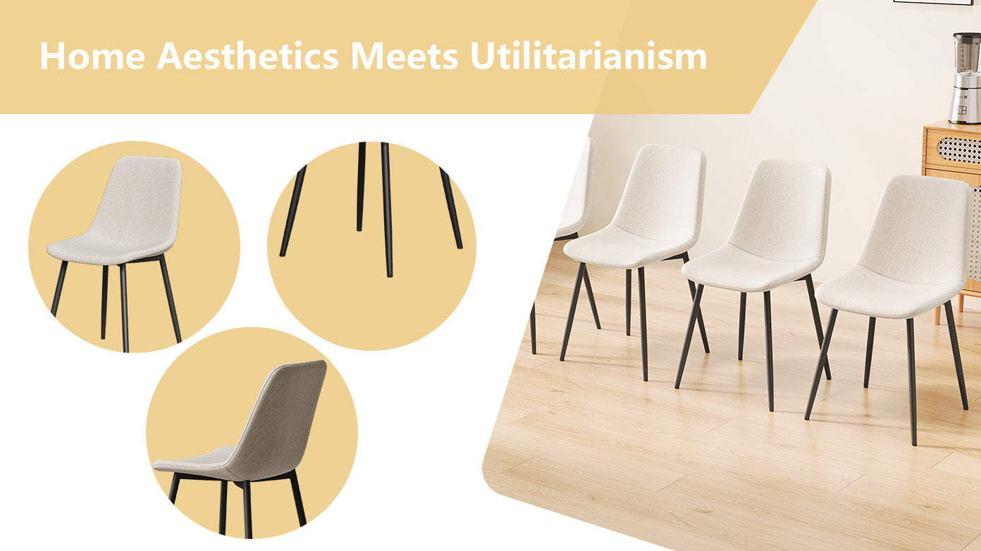 Modern Kitchen Dining Chairs Set of 4 - Linen Padded Seats with Sturdy Black Metal Legs (Beige) - Perfect for Home, Office, Restaurant & Cafe Use