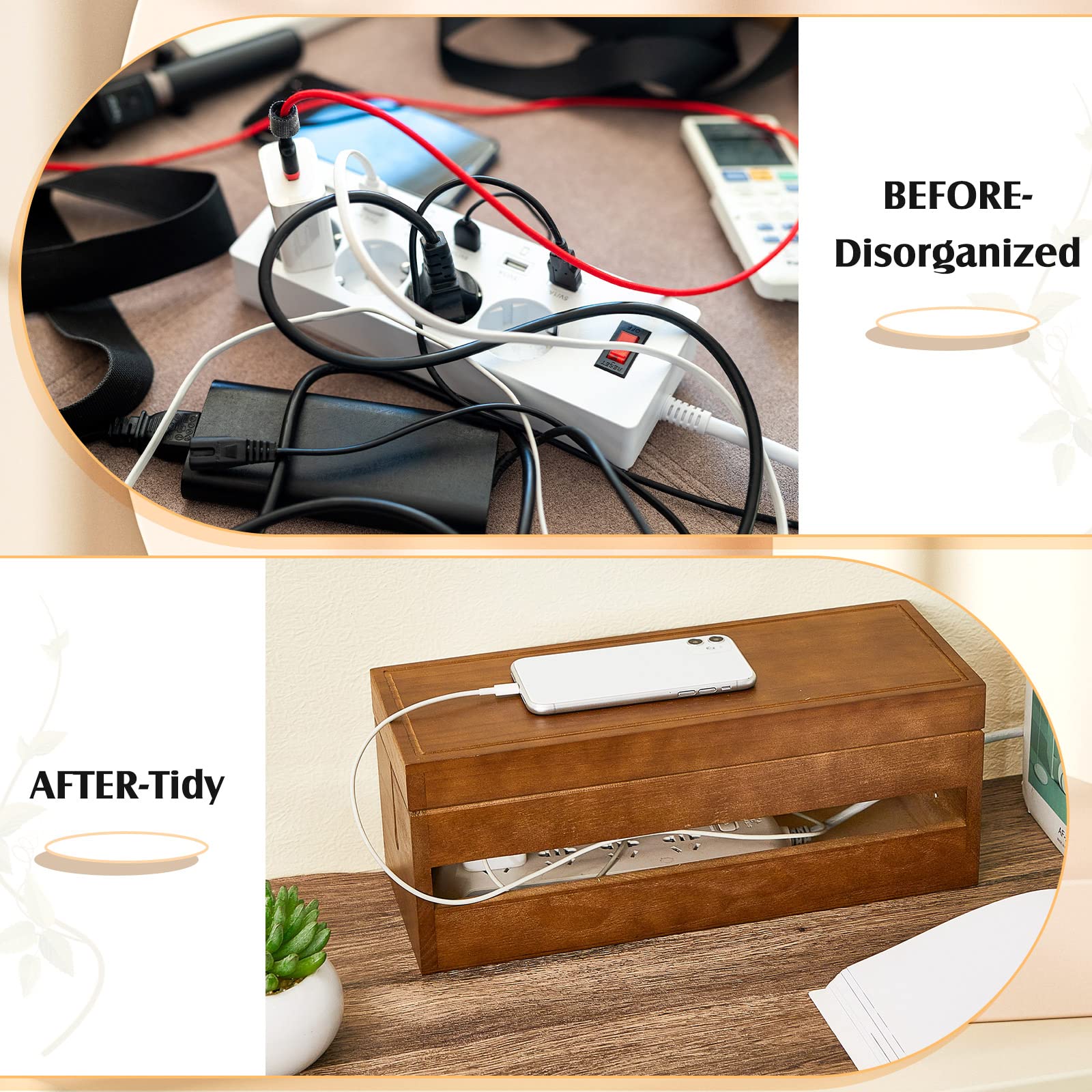 Hoteam 48 Pcs Wooden Cable Management Box Set - Cord Organizer, Power Strip Holder with Adhesive Clips & Sleeves for Home Office Desk (Brown, Large) - Perfect for Organizing Wires Under Desk & TV Stand