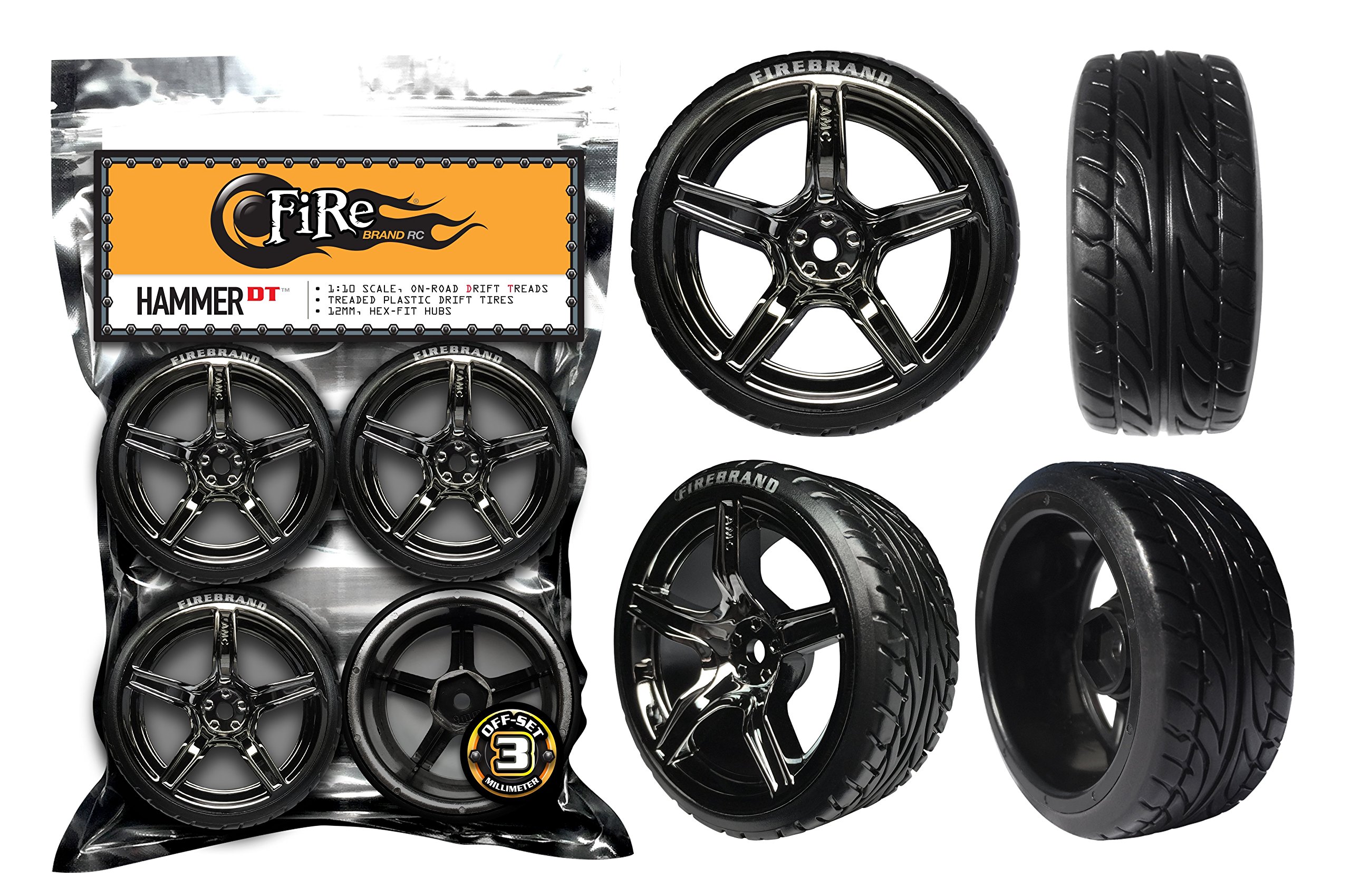 FireBrand RC 1:10 Scale On-Road Drift Wheels - Hammer-DT Wheels with Moray Drift Treads (Set of 4, Galaxy Black) | Perfect for RC Drift Cars, Racing & Stunt Performance
