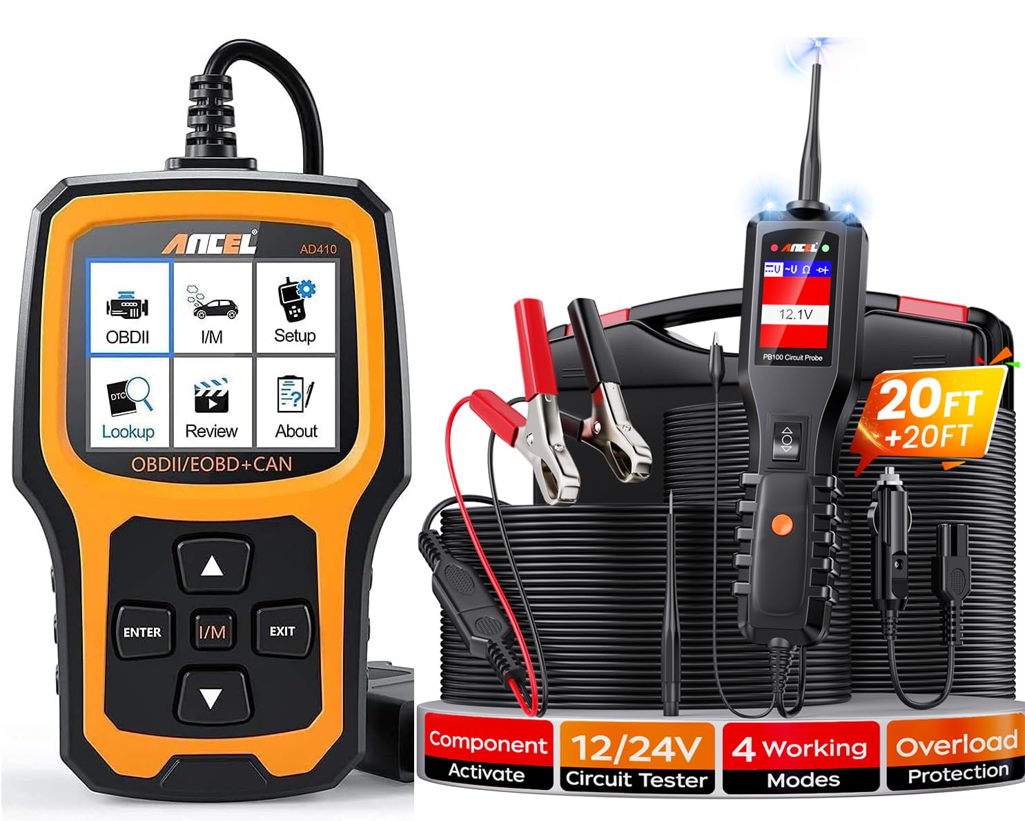 ANCEL PB100 Automotive Power Circuit Tester Probe with ANCEL AD410 Enhanced OBD2 Scanner - Car Electrical Diagnostic Tool for Mechanics & DIY Enthusiasts - Perfect for Vehicle Maintenance & Troubleshooting