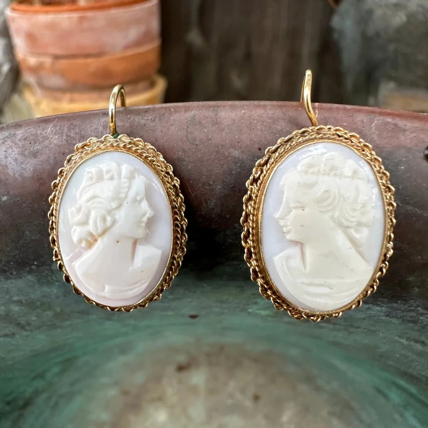 14K Gold & Shell Cameo Earrings - Vintage Style Dangle Earrings for Women, Perfect for Weddings, Parties & Special Occasions