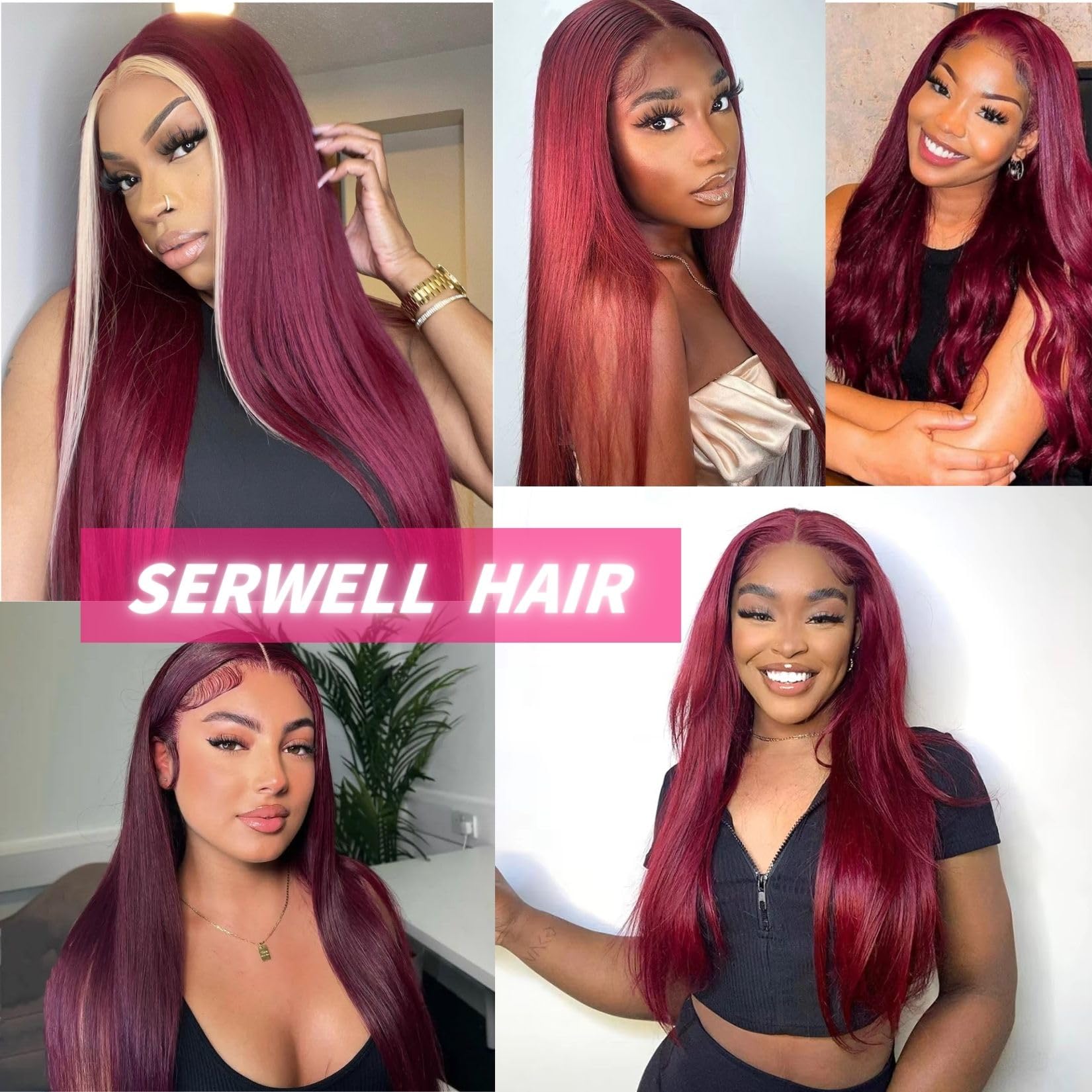 Serwell 99J Burgundy 30 Inch Human Hair Lace Front Wig - 180% Density Glueless Pre-Plucked Straight Lace Wig for Black Women | Natural Look for Daily Wear, Parties & Special Occasions