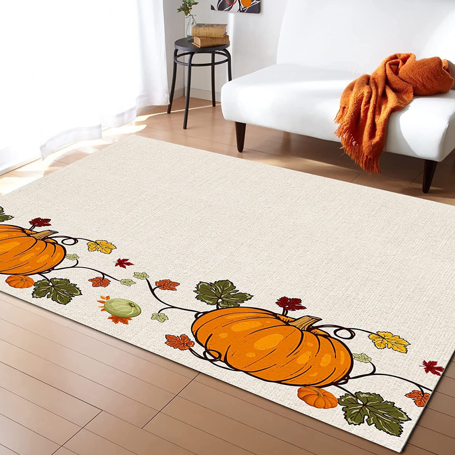 Lgglovelin Halloween Pumpkin Area Rug 4x6ft - Non-Slip Washable Fall Decor Rug with Pumpkin & Vine Pattern for Living Room, Bedroom, Sofa - Perfect for Halloween Home Decor & Cozy Autumn Floor Mat