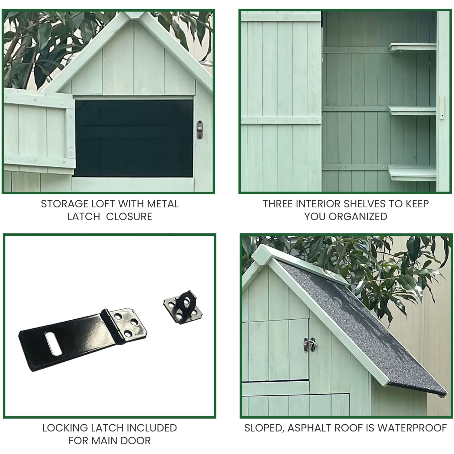 Hanover 8.7 cu. ft. Outdoor Storage Shed with Shelves & Lock - Vertical Wooden Garden Shed for Tools, Equipment & Supplies - Waterproof Fir Wood Shed in Mint Green - Perfect for Backyard, Patio & Garage Organization