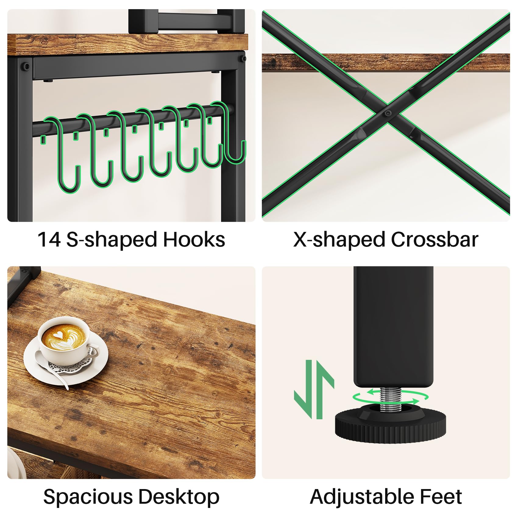 Baker Rack with Power Outlet - Microwave Stand with Storage, Large Coffee Bar Station with 14 Hooks, Metal Kitchen Shelf Organizer for Spices & Pots (Rustic Brown) | Perfect for Small Kitchens, Coffee Bars & Pantry Organization