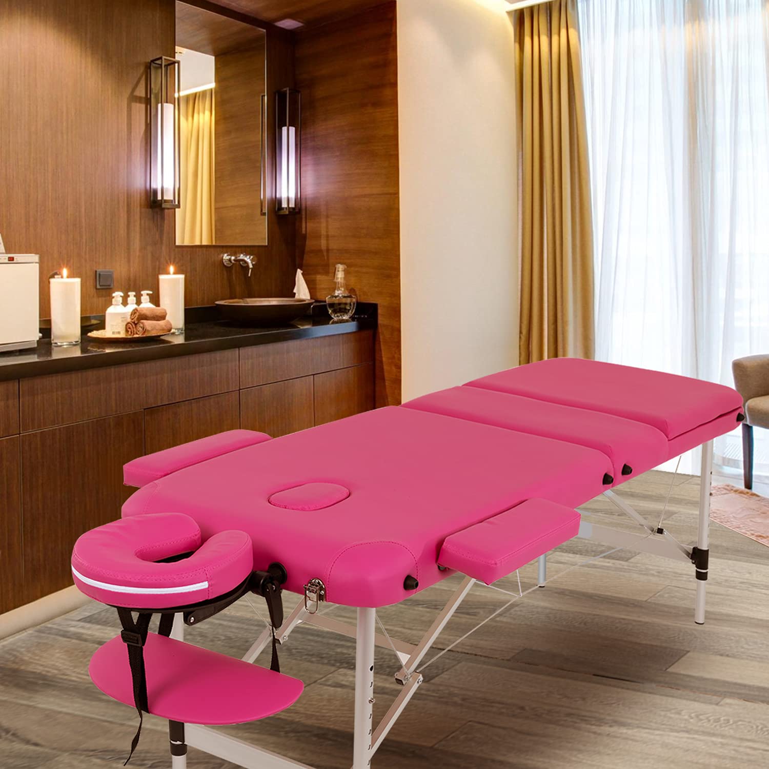 FDW Portable 24 Inch Wide Adjustable Height 3-Folding Aluminum Massage Table with Carry Case & Face Cradle - Perfect for Spa, Salon, Tattoo, and Home Use
