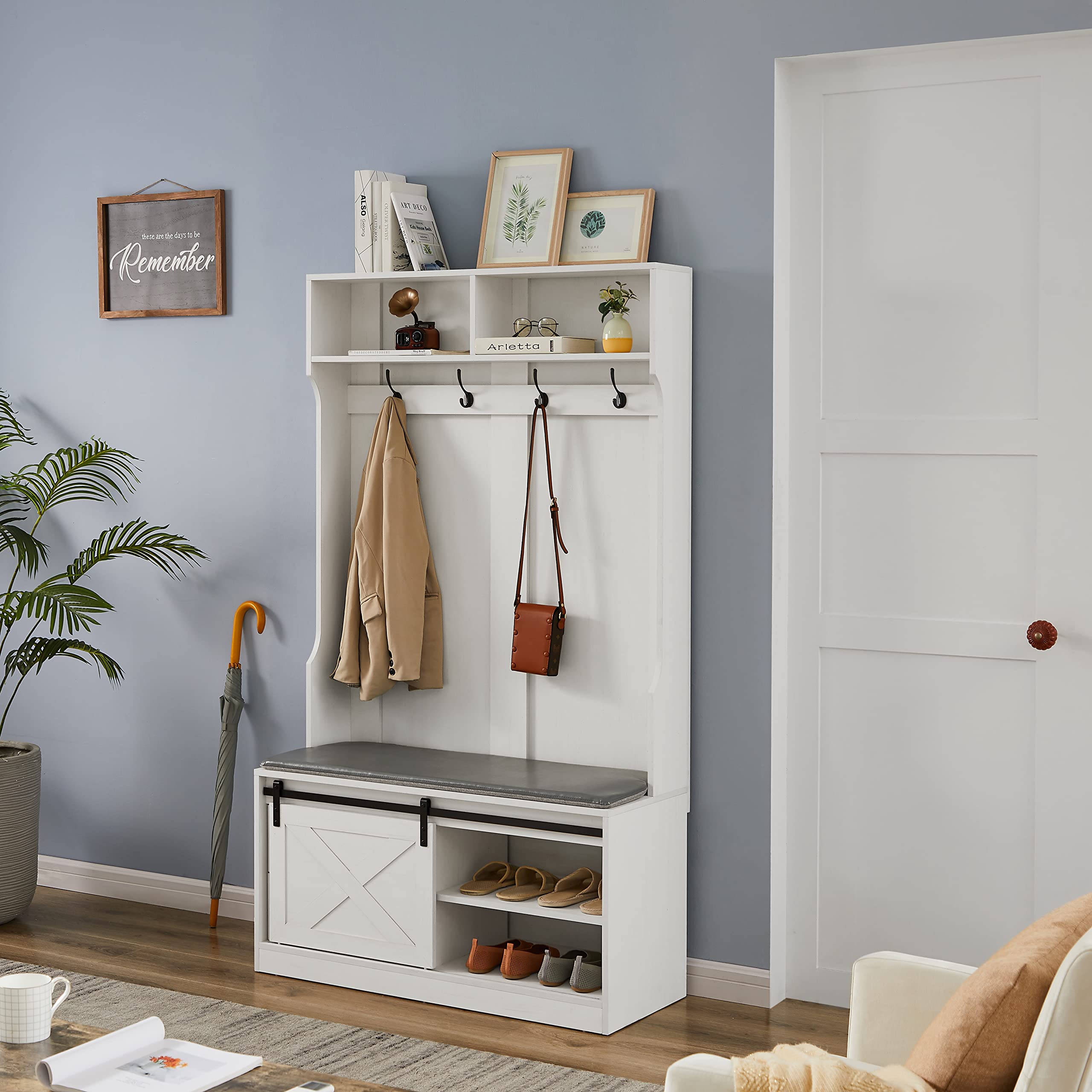 Farmhouse Entryway Hall Tree with Padded Storage Bench, Coat Rack & Sliding Barn Door Shoe Cabinet - 2 Drawers Mudroom Organizer in Distressed White | Perfect for Small Spaces, Entryway Storage & Shoe Organization