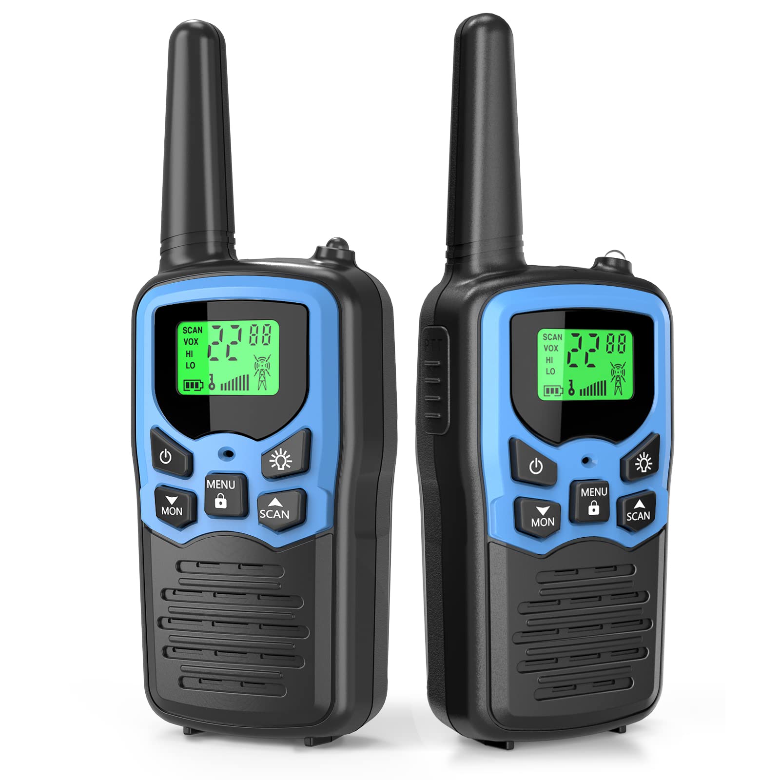 MOICO Long Range Walkie Talkies for Adults - 2 Pack Two-Way Radios with 22 FRS Channels, VOX, Scan & LCD Display, LED Flashlight - Perfect for Outdoor Adventures, Camping, Hiking, Biking & Emergency Survival (Blue)
