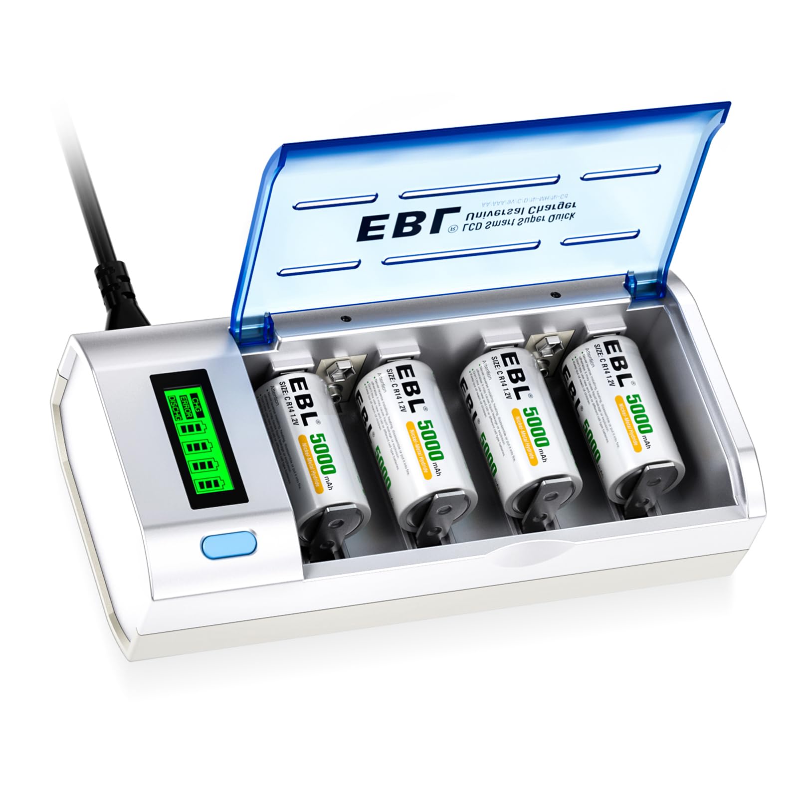 EBL Upgraded LCD Smart Battery Charger for AA AAA C D 9V Rechargeable Batteries with Discharge Function - Includes 4x 5000mAh C Size Batteries - Perfect for Cameras, Toys, Flashlights & Home Electronics