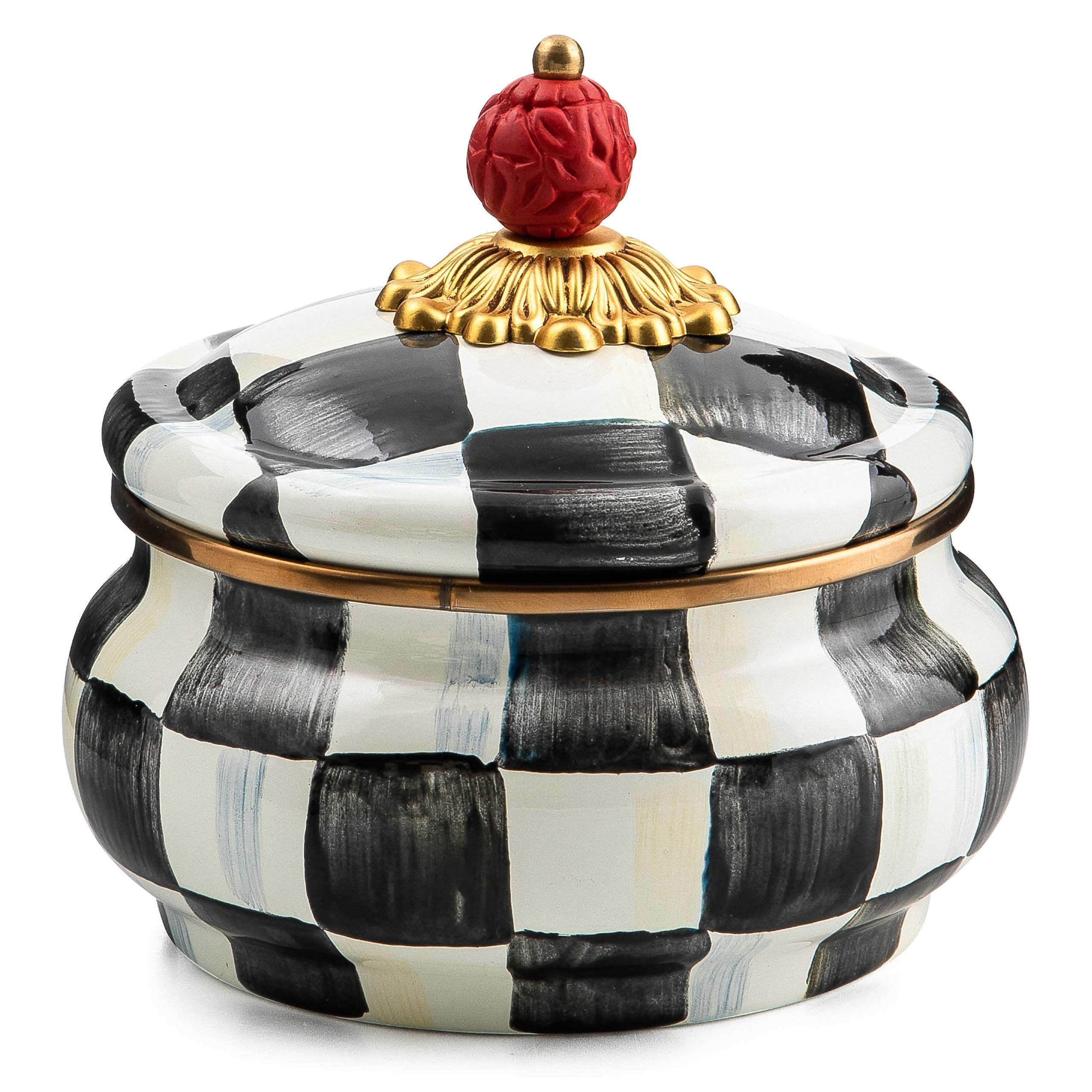 MACKENZIE-CHILDS Enamel Squashed Pot with Lid - 20oz Black & White Courtly Check Design - Cute Enameled Container for Kitchen Storage, Picnics & Home Decor