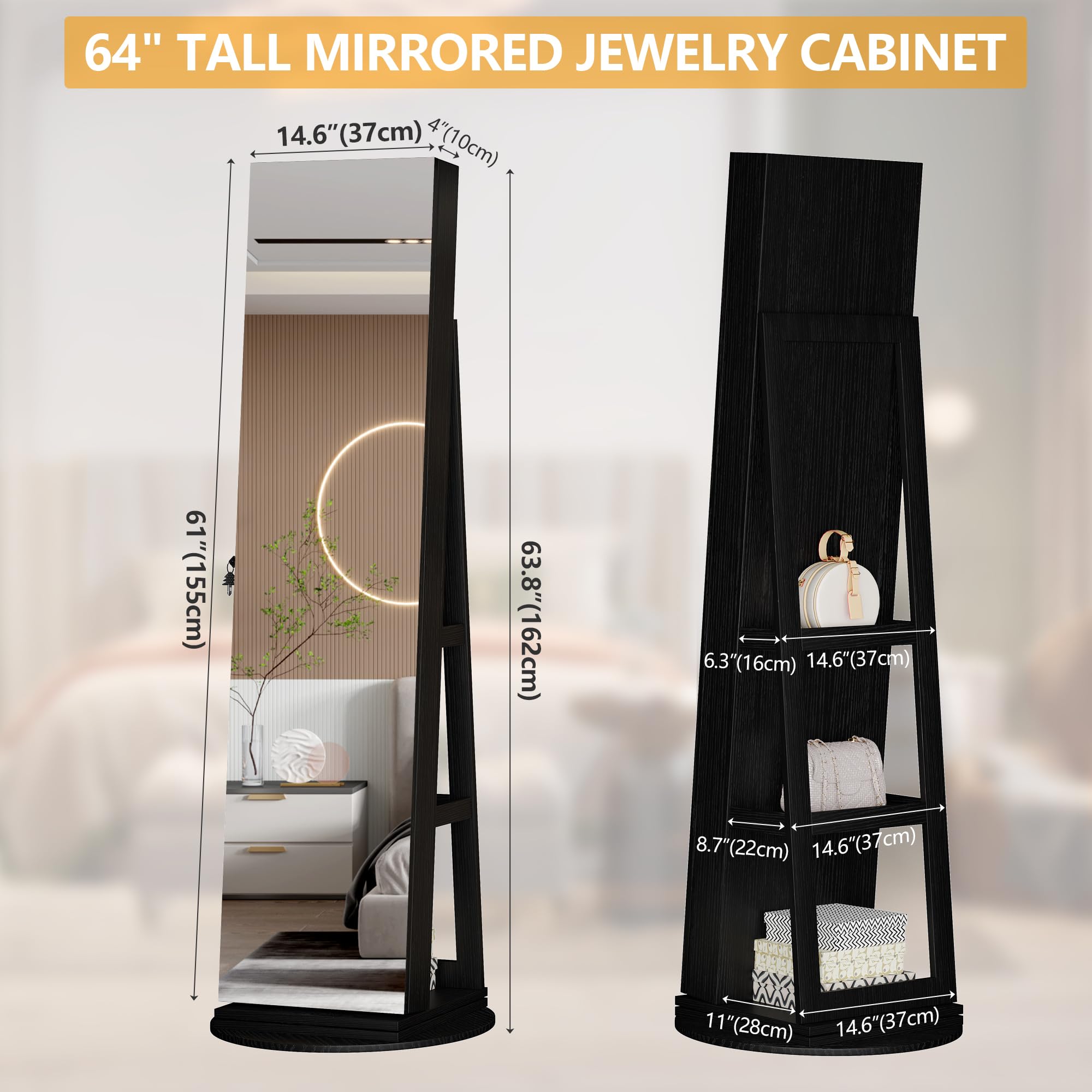 360° Swivel Jewelry Mirror Cabinet with Lock - 63