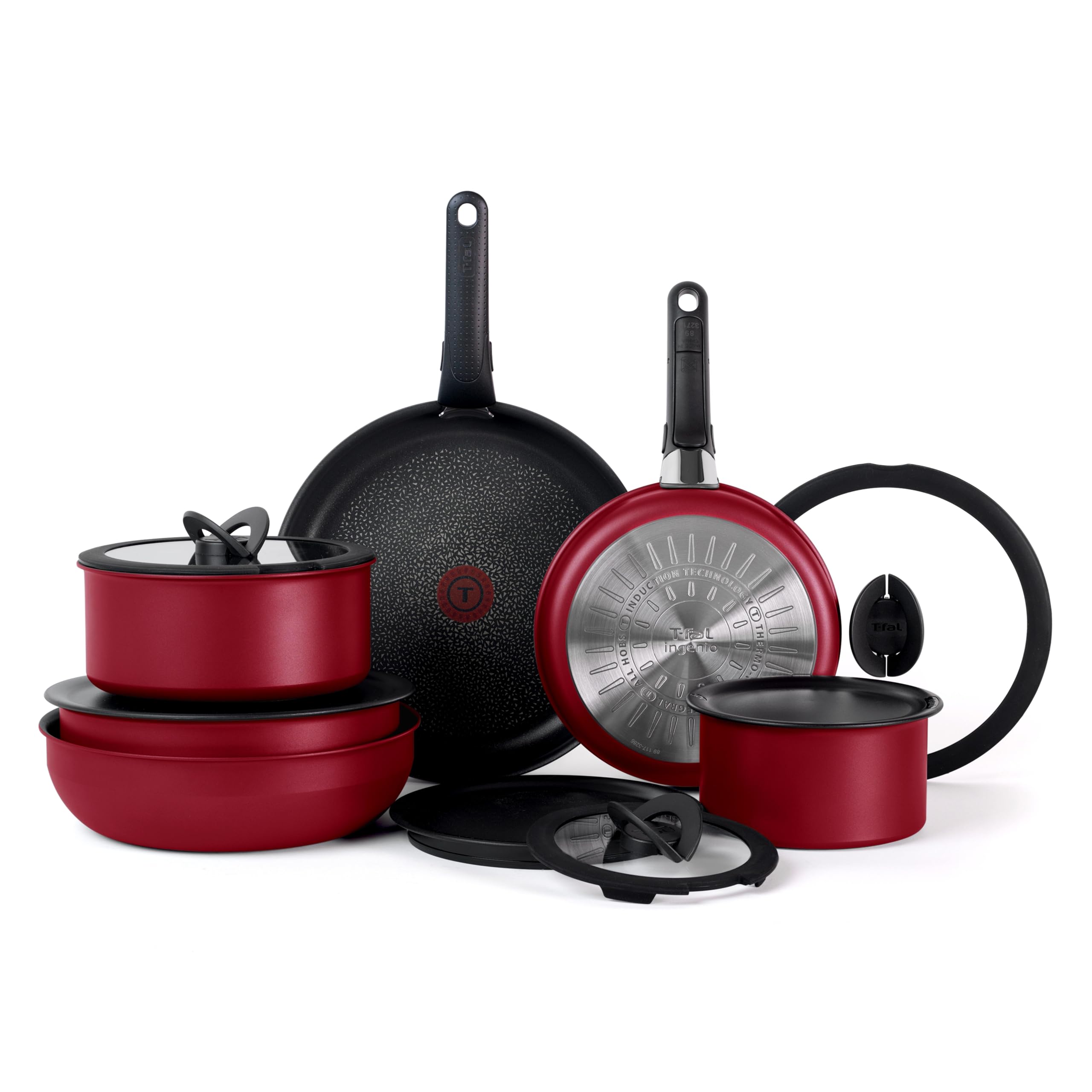 T-FAL Ingenio 14-Piece Nonstick Cookware Set with Detachable Handles - Stackable Pots & Pans - Oven & Dishwasher Safe - Induction Compatible - Perfect for RV, Camping & Small Kitchens - Cherry Red