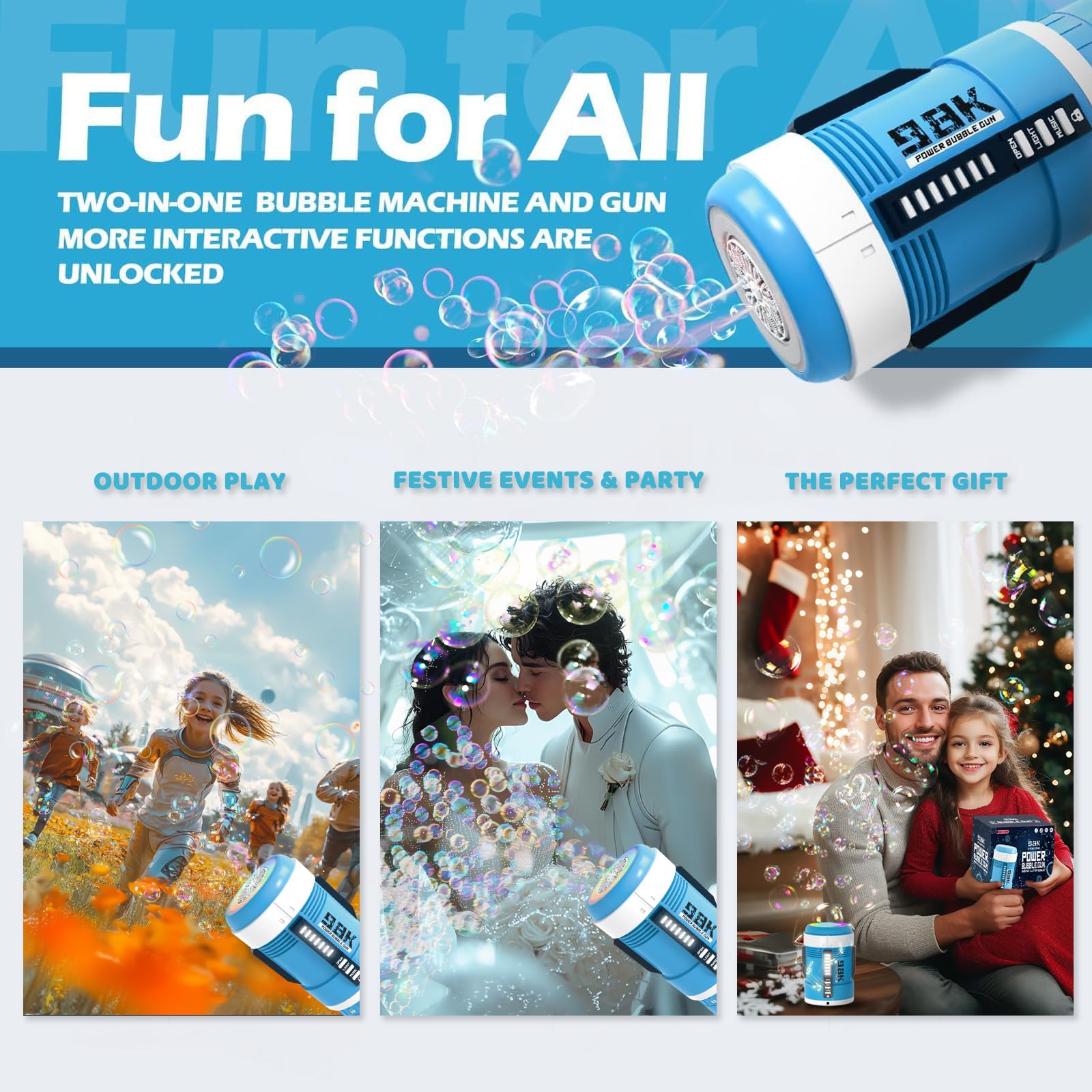 Rechargeable Bubble Gun & Bubble Machine with Rainbow LED Lights & Music - 10,000+ Bubbles/Min for Kids Outdoor Party Fun - Automatic Bubble Blower for Boys & Girls (Deep Space Blue) - Perfect for Birthday Parties, Backyard Play, and Summer Outdoor Activities