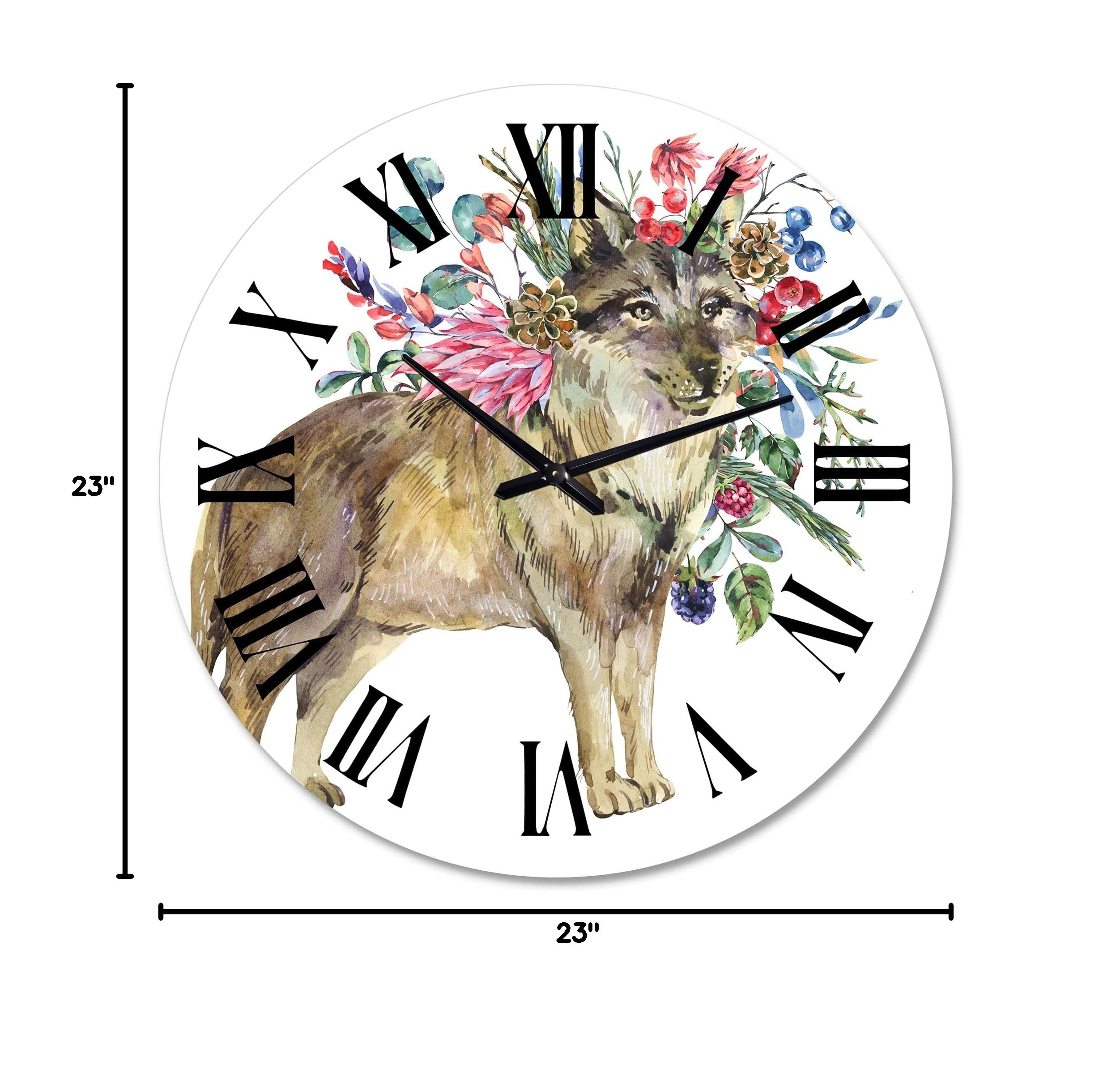 Farmhouse Wall Clock with Wolf and Woodland Flowers Design - Large Rustic Animal Wall Clock for Living Room, Bedroom, or Office Decor - Perfect for Cabin, Lodge, and Nature-Themed Home Interiors