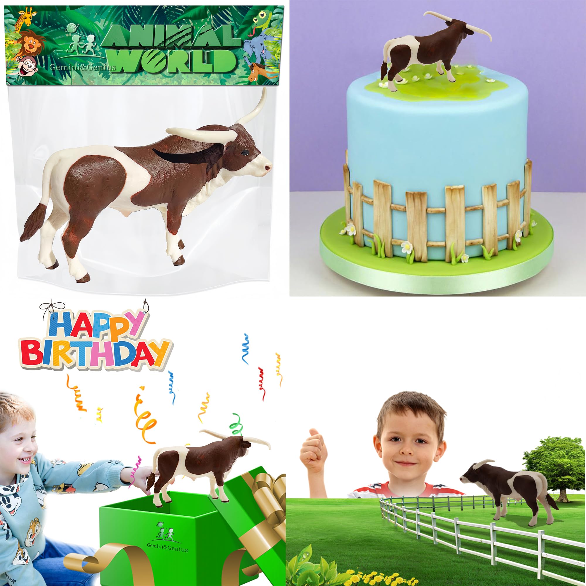 Gemini & Genius Farm Cow Animal Toy - 6 Inch Longhorn Cow Action Figure with Hand-Painted Details - Realistic & Durable Farm Animal Toy for Kids - Perfect Gift for Boys & Girls - Great for Farm Playsets, Educational Learning & Pretend Play