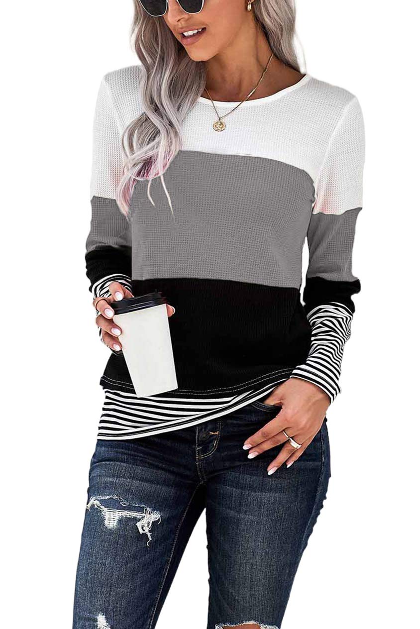 KINSWT Women's Color Block Striped Long Sleeve Crewneck Sweater - Casual Fall Winter Knit Top for Work, Office & Everyday Wear