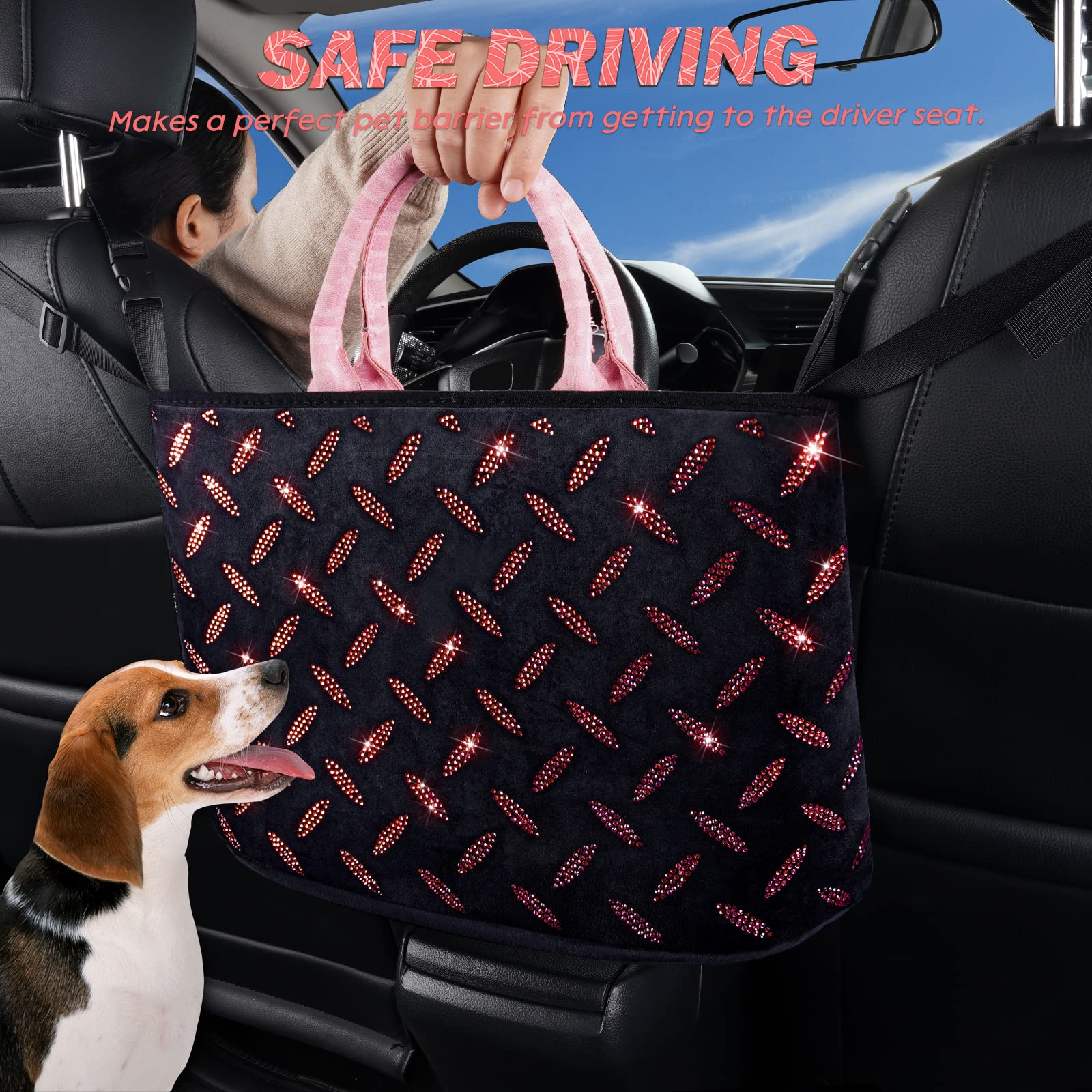 Sparkling Crystal Car Organizer & Purse Holder with Bling Diamonds - Red Car Seat Back Storage Net for Women, Pet Barrier for Dogs & Kids - Perfect for Road Trips, Commuting & Family Travel