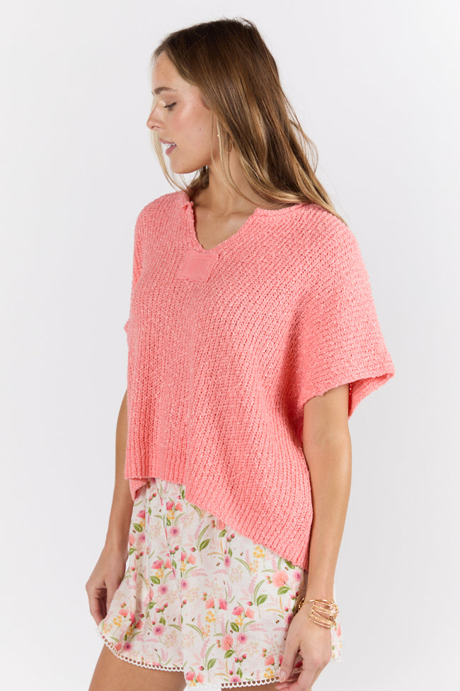 Coral Short Sleeve Textured Lightweight Sweater for Women - Breathable Summer Knit Top - Perfect for Beach Outings & Casual Wear