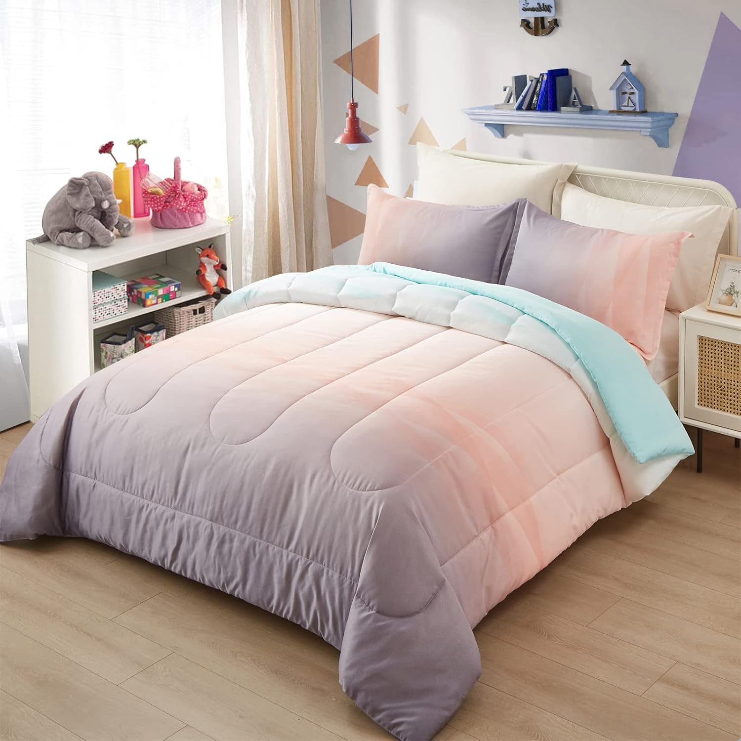 Girls Comforter Set Queen Size - Ombre Blue Pink Rainbow 3 Piece Bedding Collection for Teen Girls Room Decor, Soft & Cozy Bed Set for Kids Bedroom